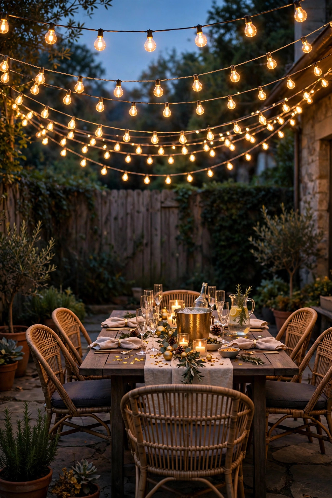 Gold café string lights swagged in a canopy over a backyard patio set for a New Year's Eve party