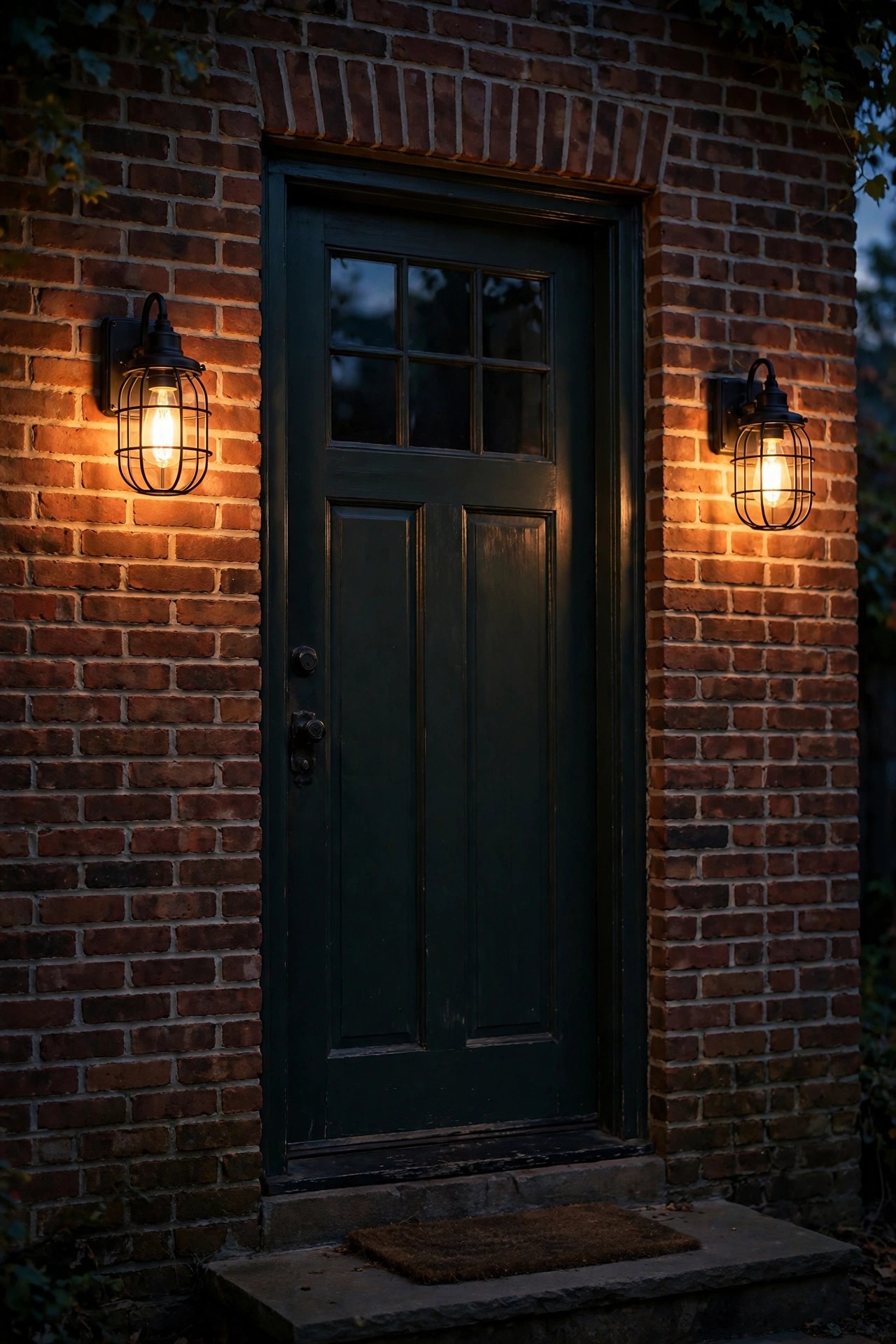 Pair of black caged wall sconces with filament bulbs flanking a back door on a brick wall at dusk