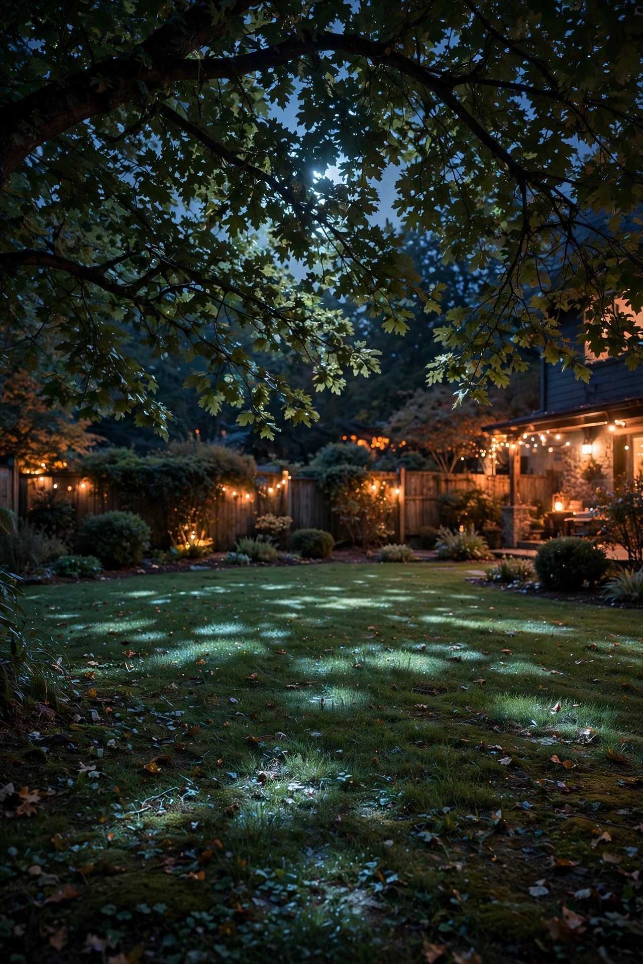 Soft moonlight effect shining down through tree branches creating dappled light pools on a backyard lawn