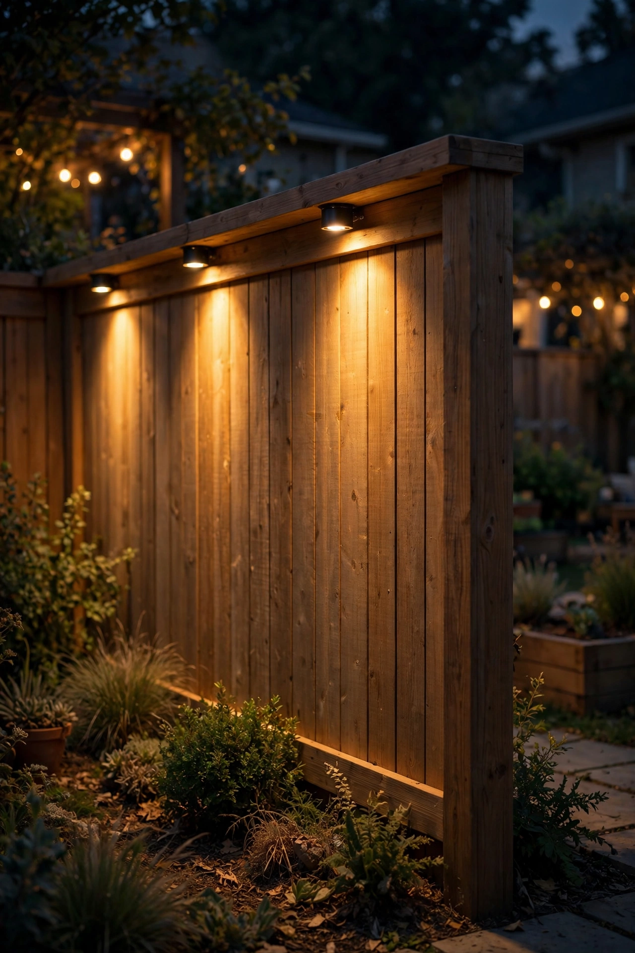 Warm downlights under a fence cap rail washing light down wooden fence boards