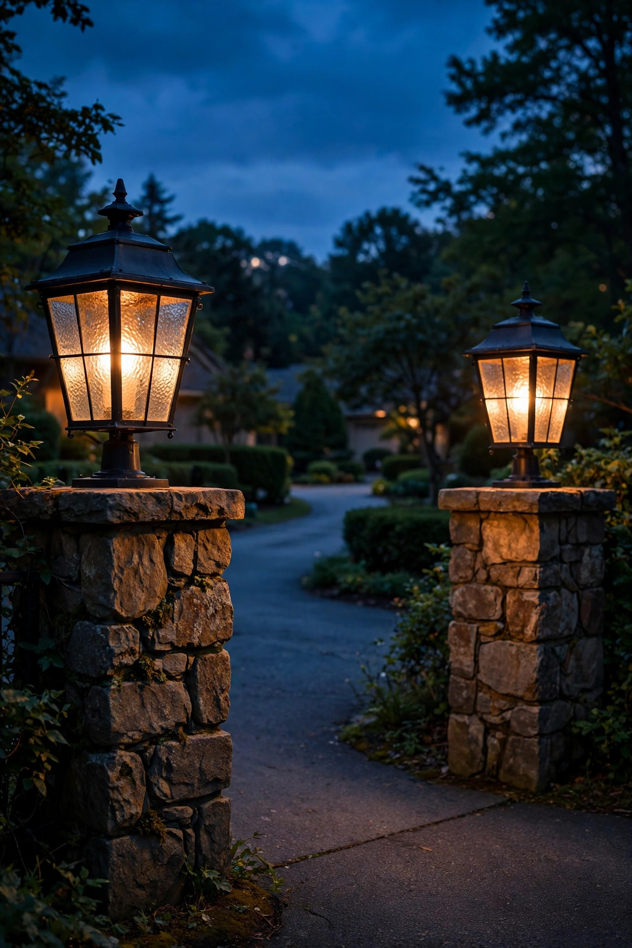 Pair of carriage-style post lanterns with seeded glass flanking a driveway entrance at dusk