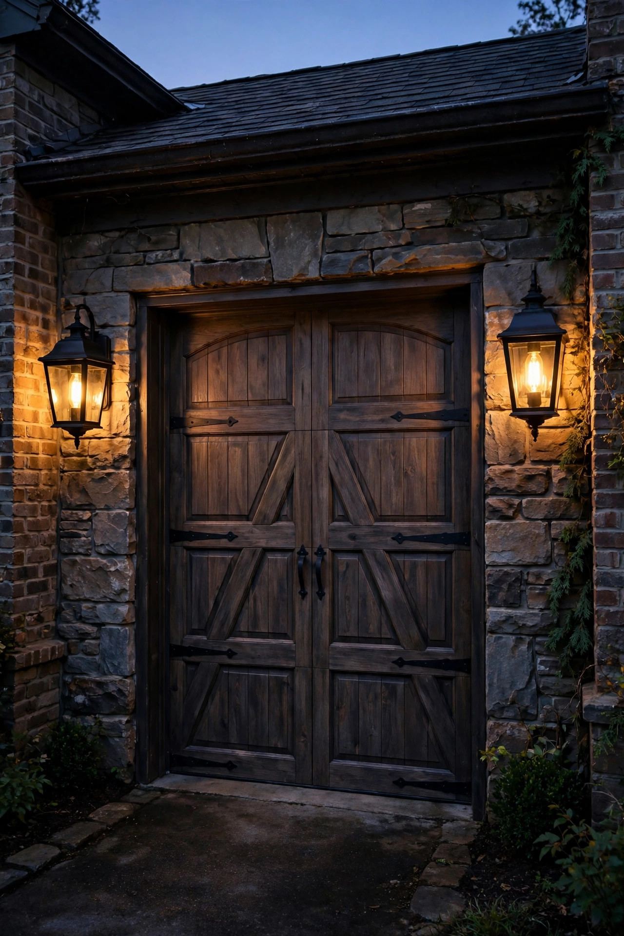 Pair of black carriage-style lantern sconces with warm filament bulbs flanking a detached garage door at twilight