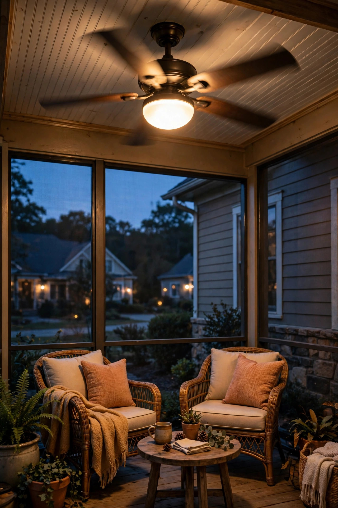 Damp-rated ceiling fan with warm frosted light kit spinning above screened porch seating