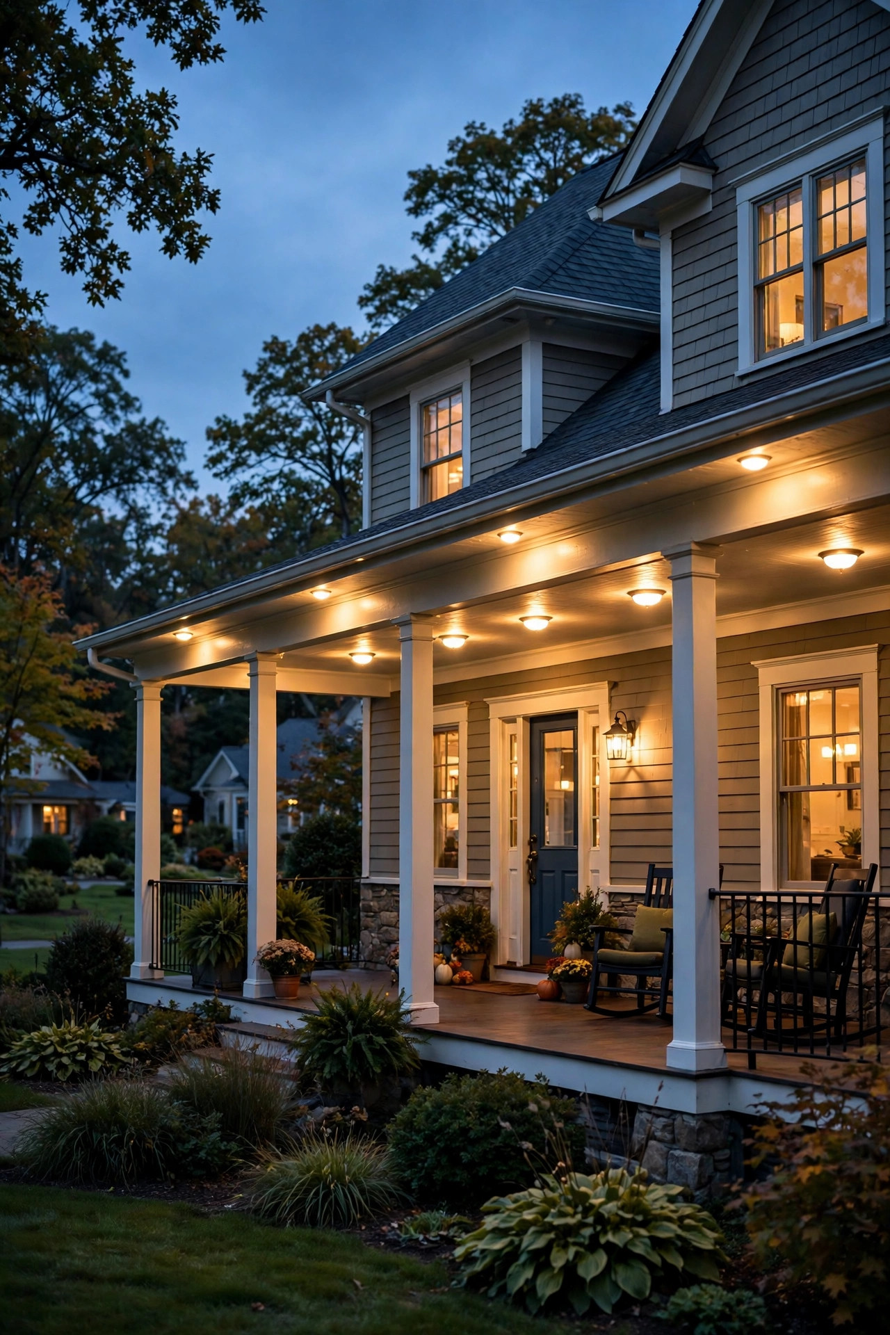Evenly spaced warm ceiling lights glowing along the front span of a wraparound porch