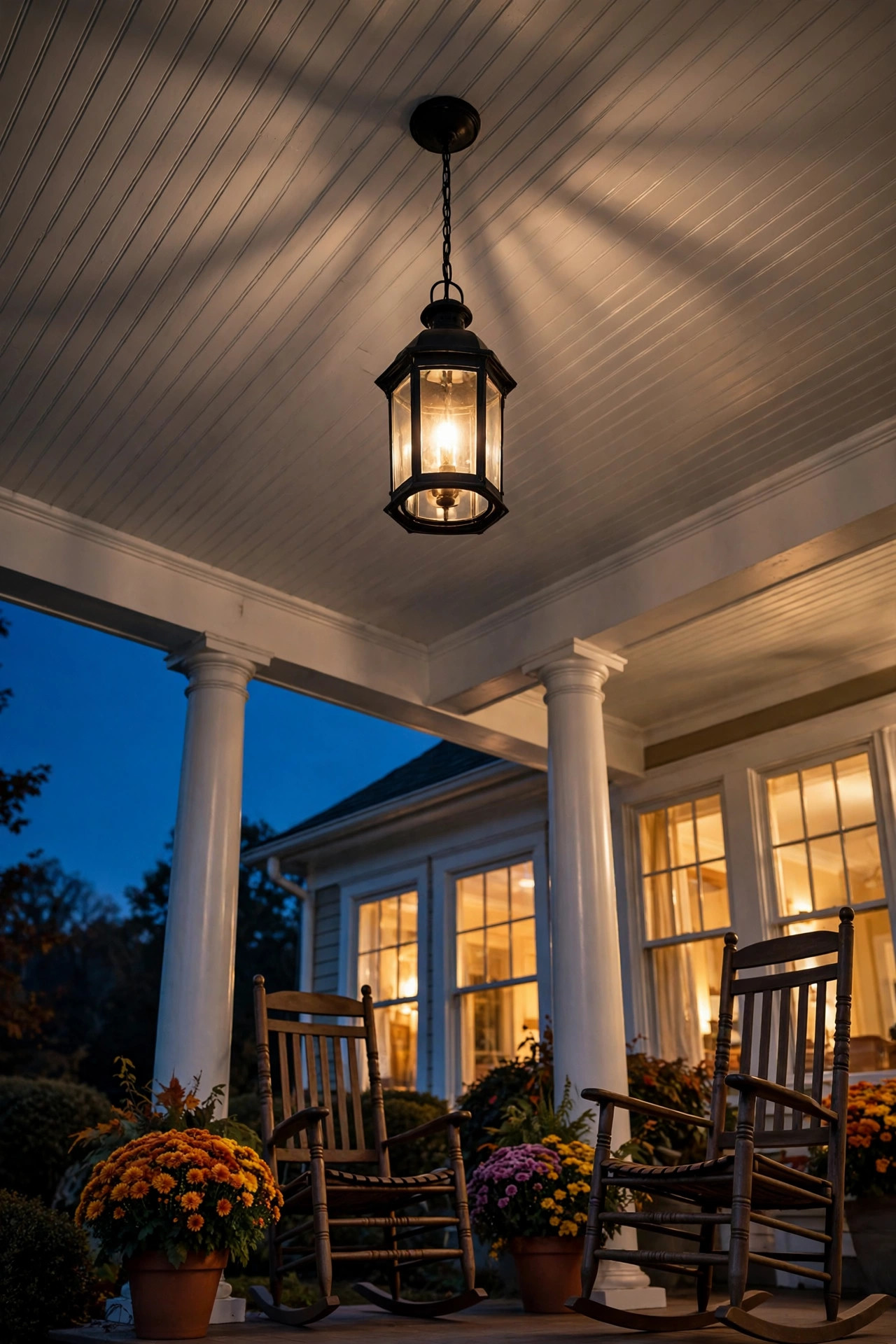 Hanging lantern pendant glowing on a front porch ceiling at night