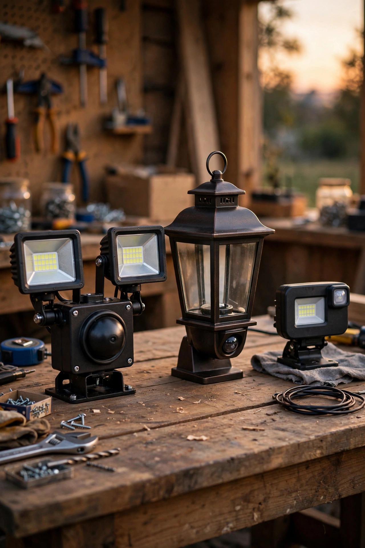 Three styles of outdoor motion sensor light fixtures on a workbench, dual-head floodlight, lantern style, and compact LED