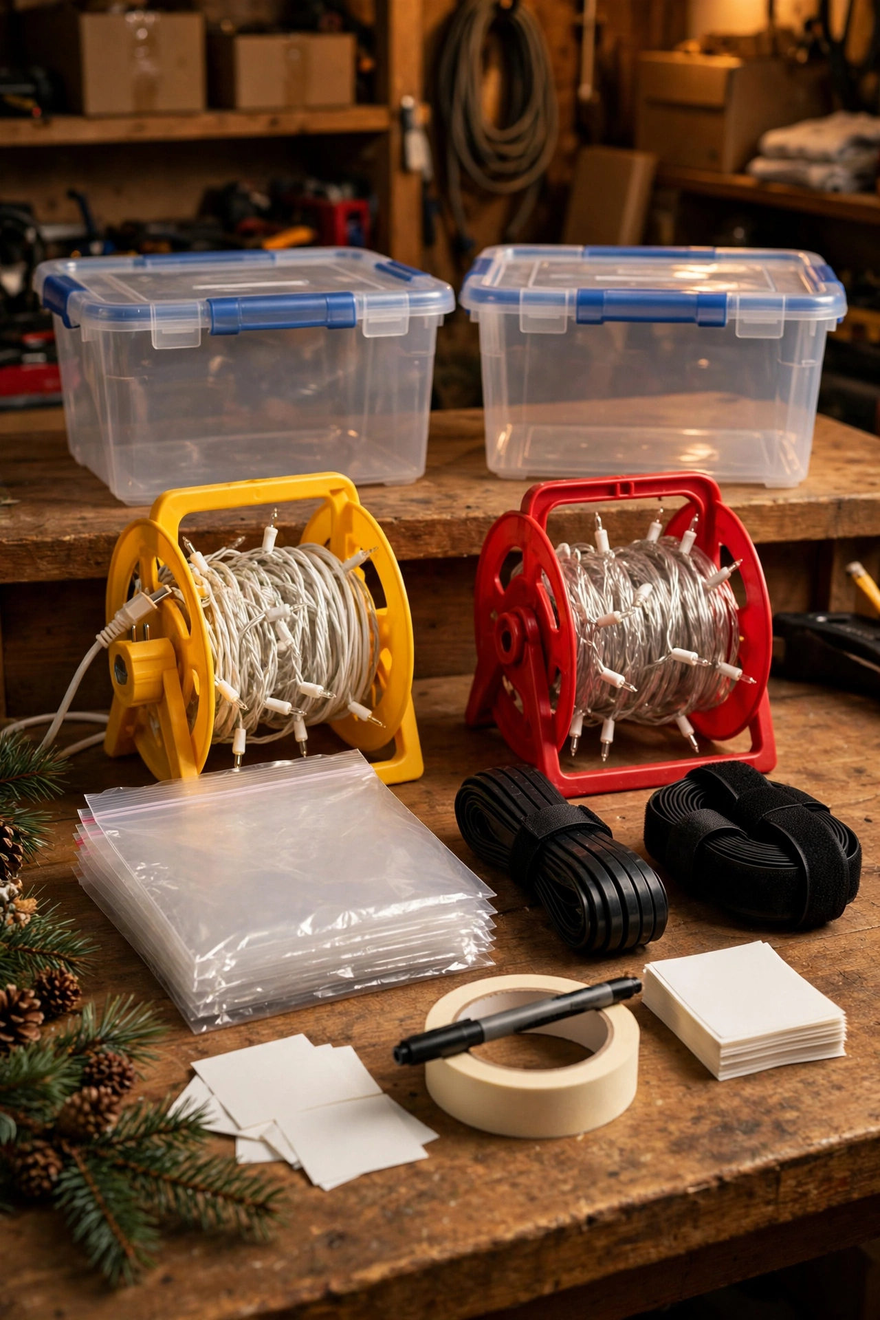 Cord reels, zip bags, velcro ties, masking tape and plastic bins arranged on a workbench for storing outdoor Christmas lights