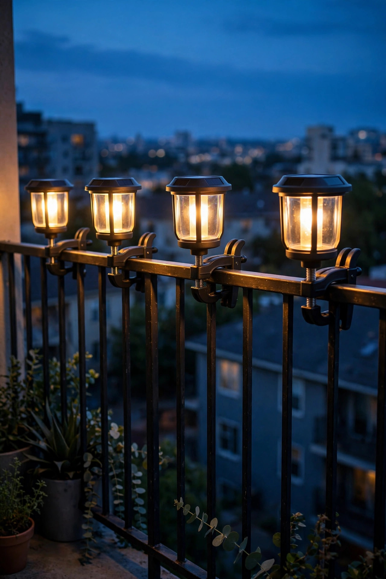 Clamp on solar lanterns attached to an apartment balcony railing glowing warmly at dusk, no screws or drilling