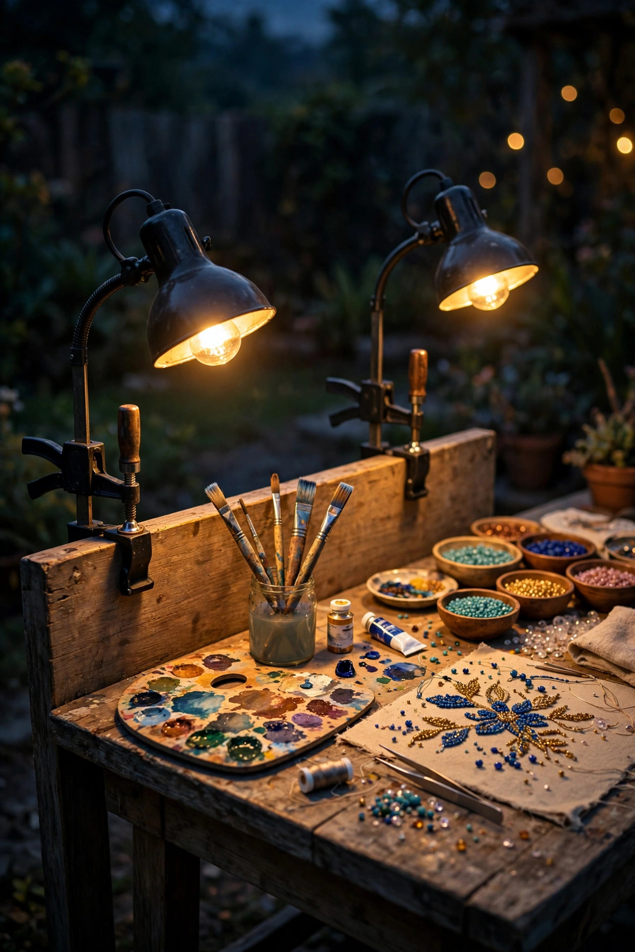 Clamp-on work lamps with high-CRI bulbs lighting a craft table edge for painting and beadwork outdoors at night