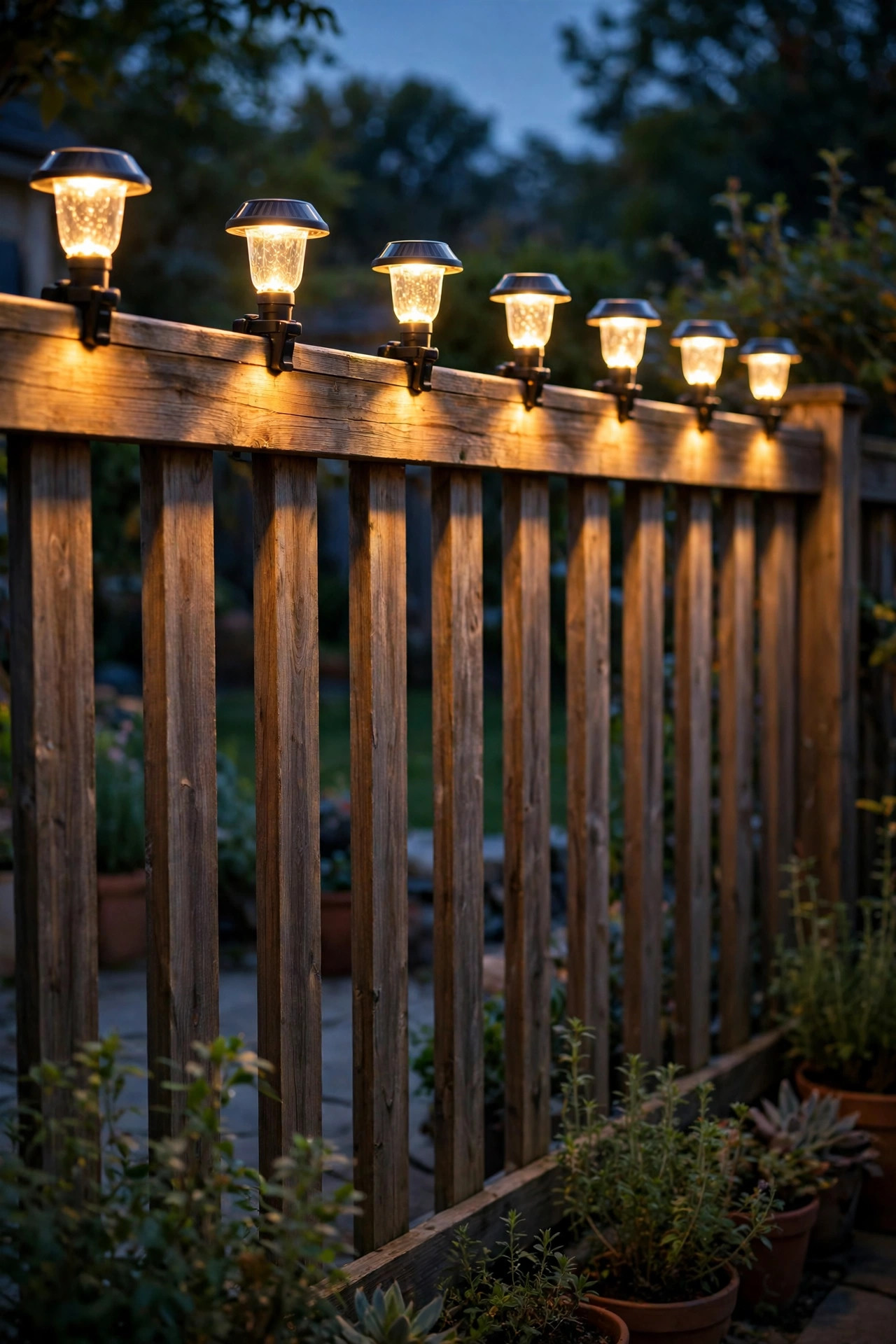 Solar cap lights clipped along the top rail of a patio fence glowing warmly at dusk