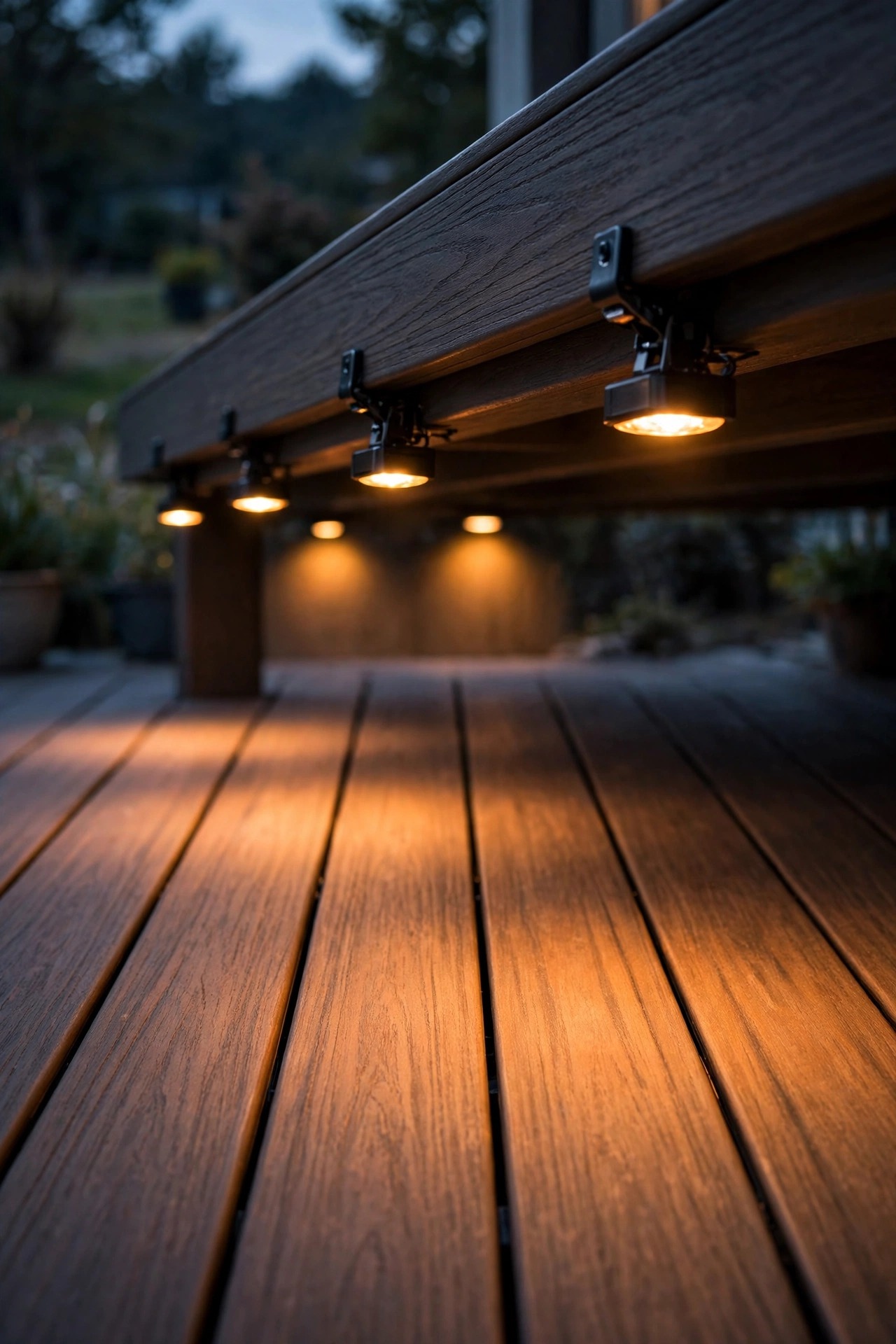 Clip-on railing lights clamped under a composite deck handrail washing the boards in warm light