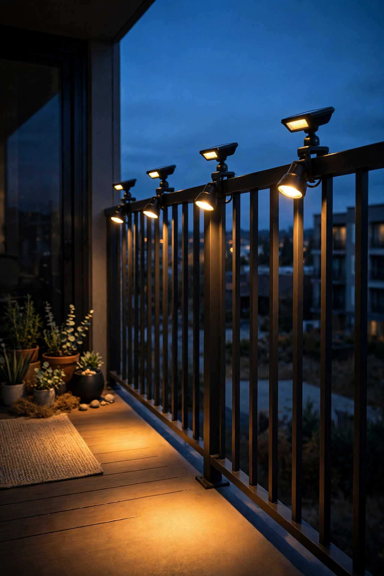 Clip-on solar spotlights mounted along a condo balcony railing washing the floor with warm light at dusk