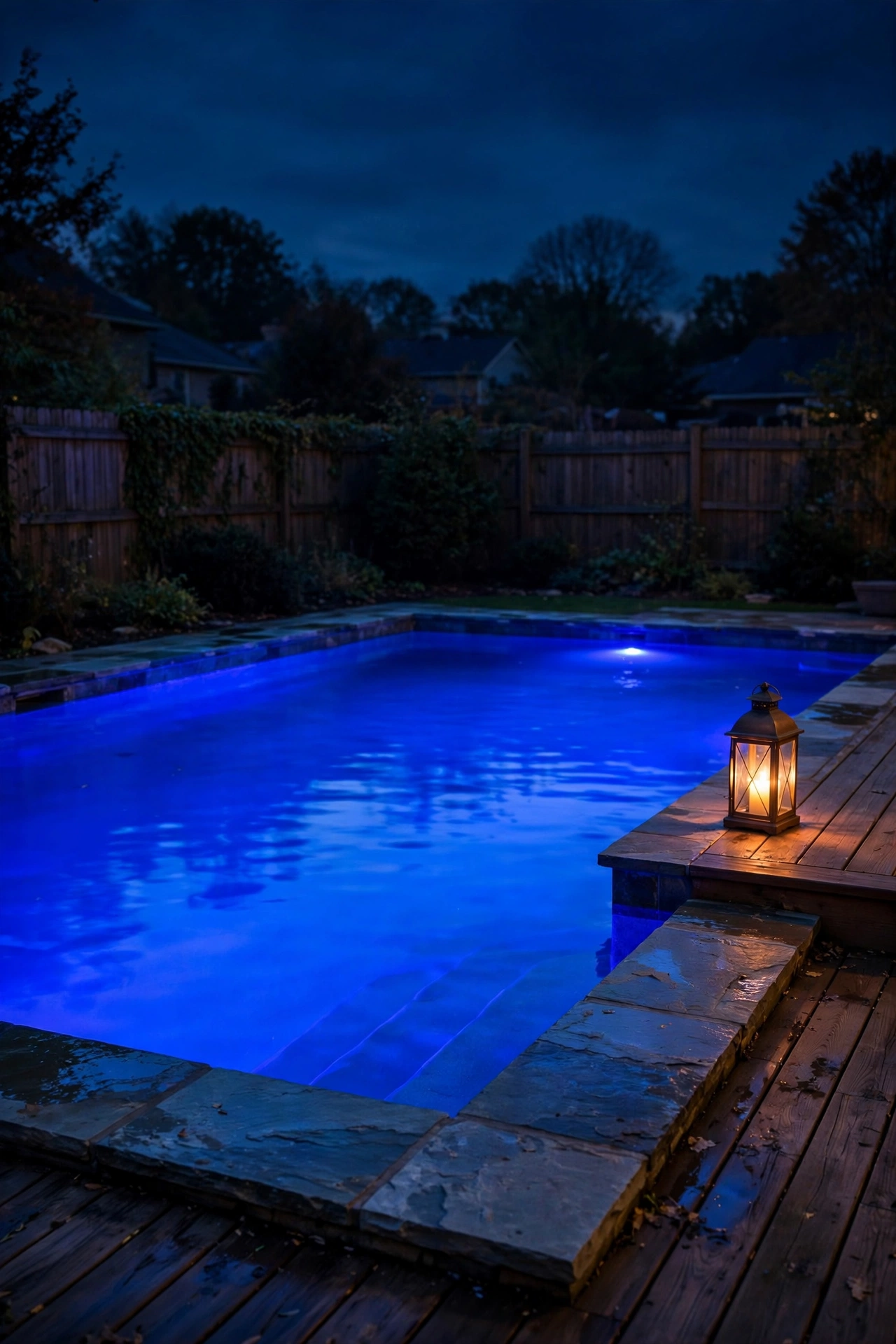 Swimming pool glowing deep blue with color-changing LED underwater lights at night