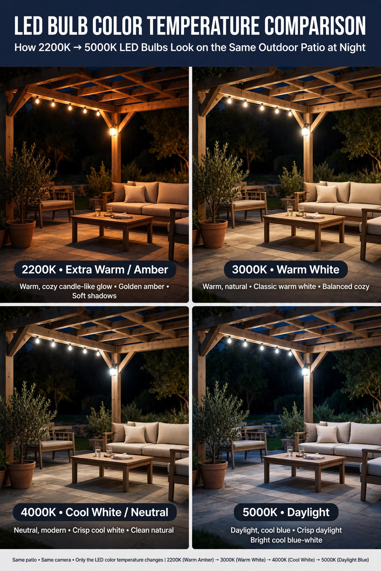 Side-by-side comparison showing how 2200K through 5000K LED bulbs look on an outdoor patio at night