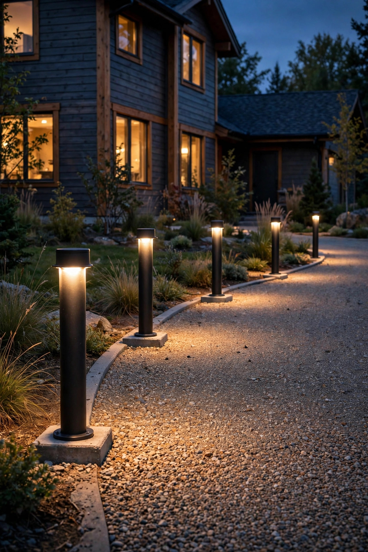 Sturdy bollard lights on concrete footings lining a curved gravel driveway with warm downward light