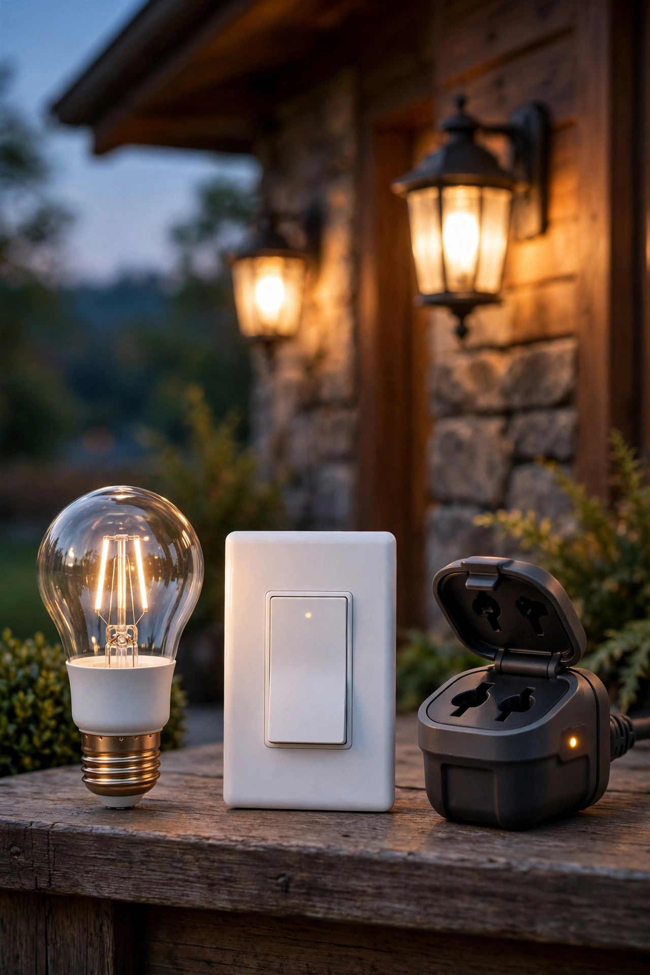 Smart bulb, smart wall switch and outdoor smart plug arranged beside warm glowing porch fixtures