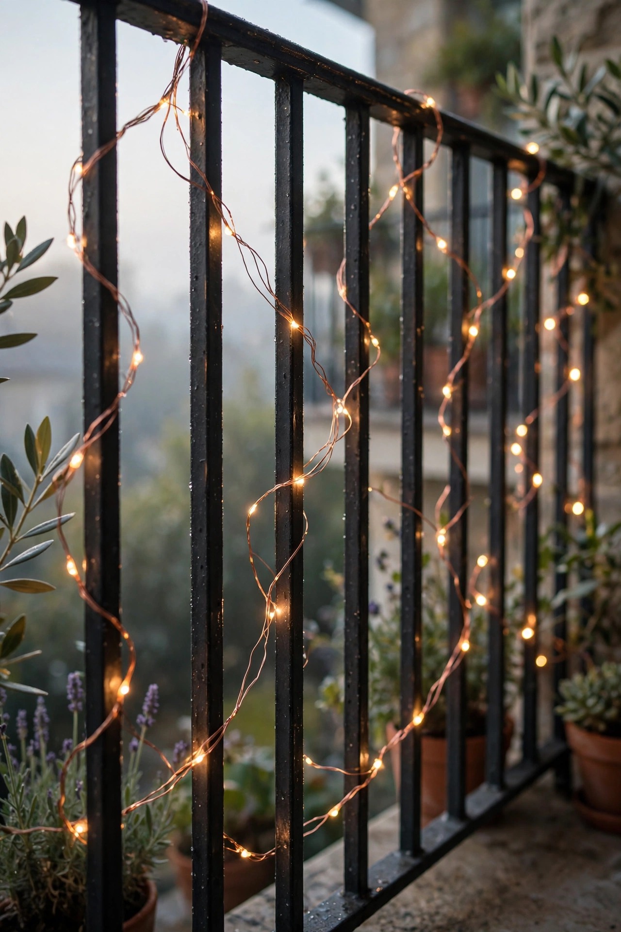 Copper-wire fairy lights woven through balcony railing balusters glowing softly in early morning light