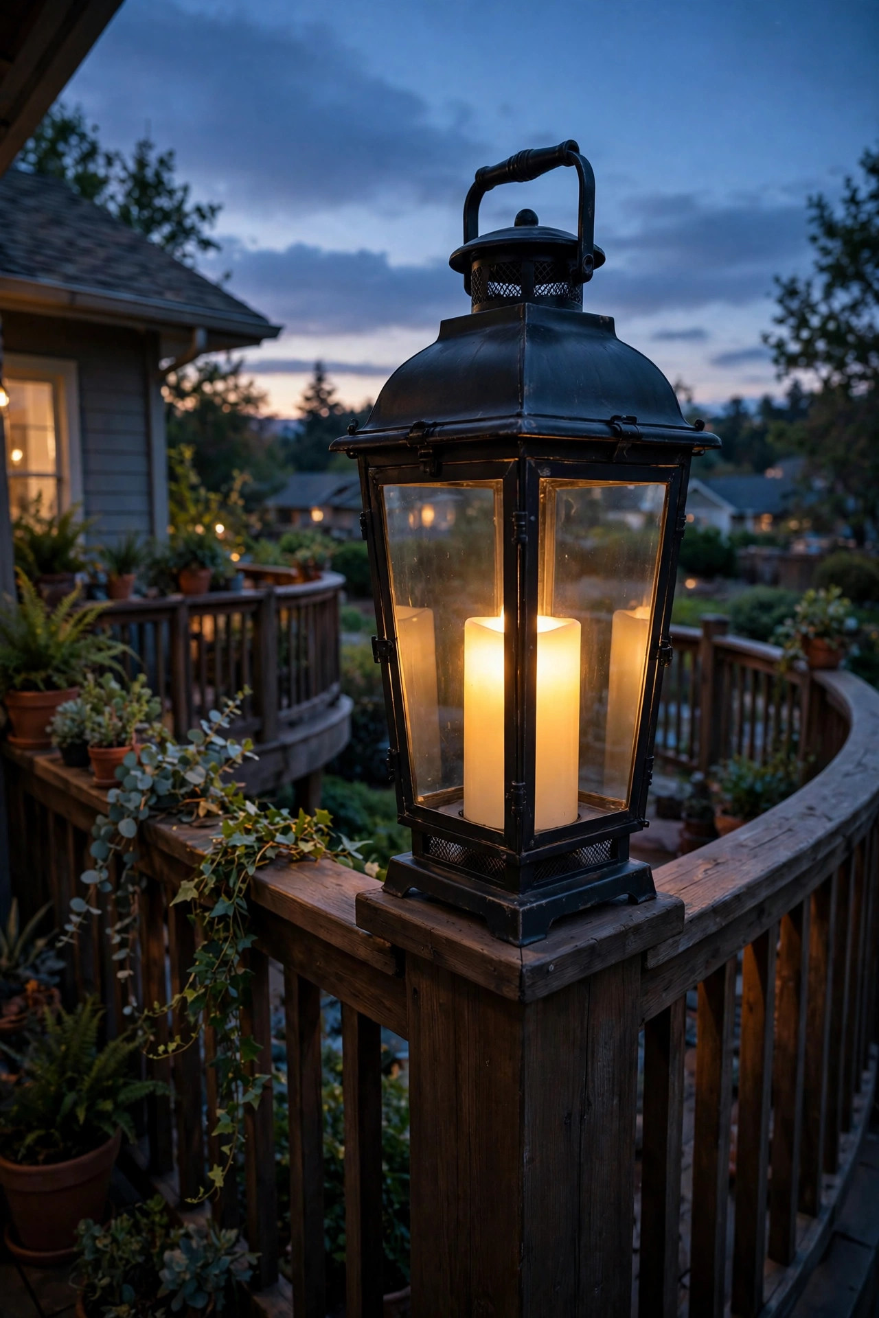 Oversized black lantern with a glowing flameless candle standing at the corner post of a wrap-around balcony at dusk