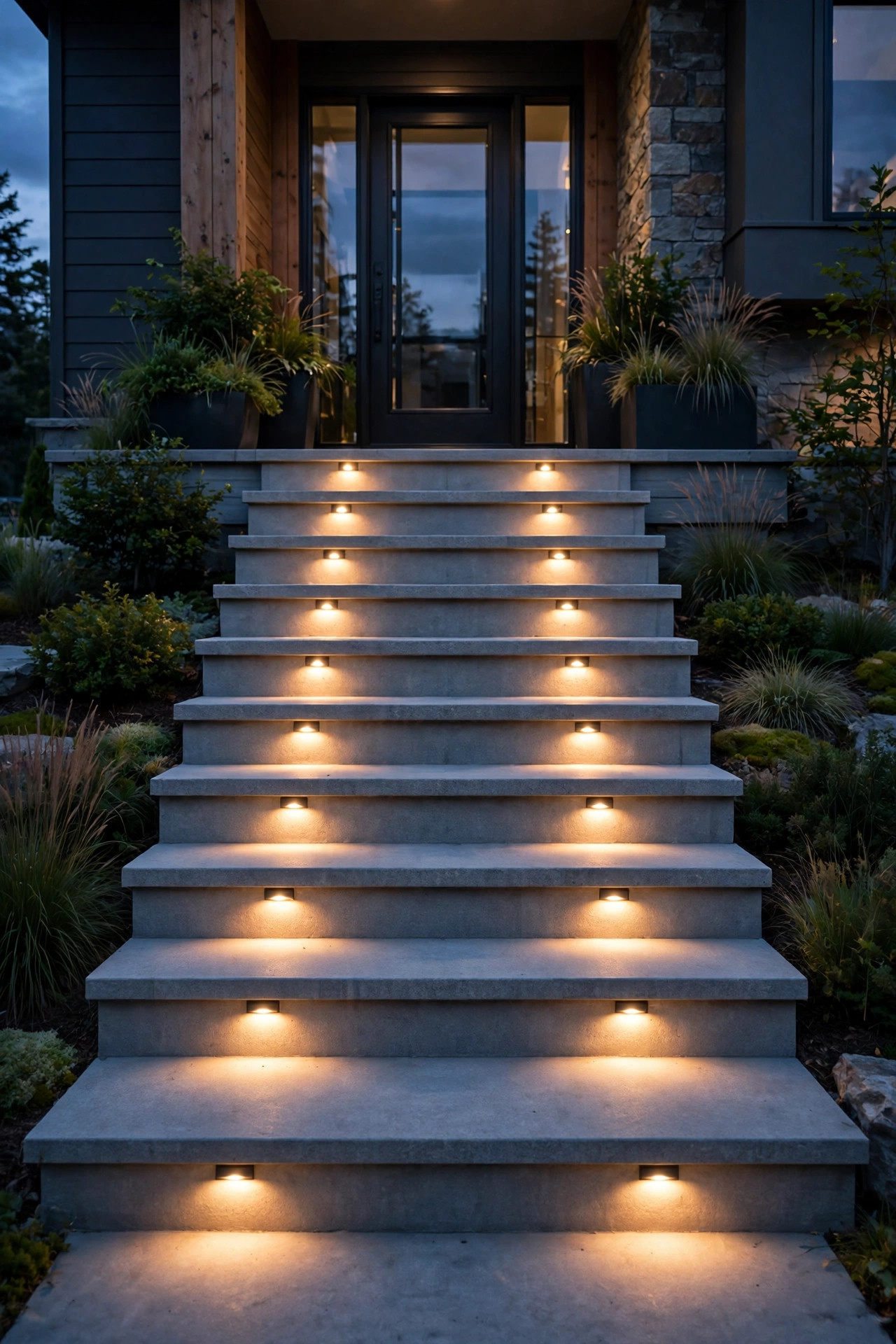 Wide front entry staircase with two recessed riser lights per step washing the treads evenly at dusk