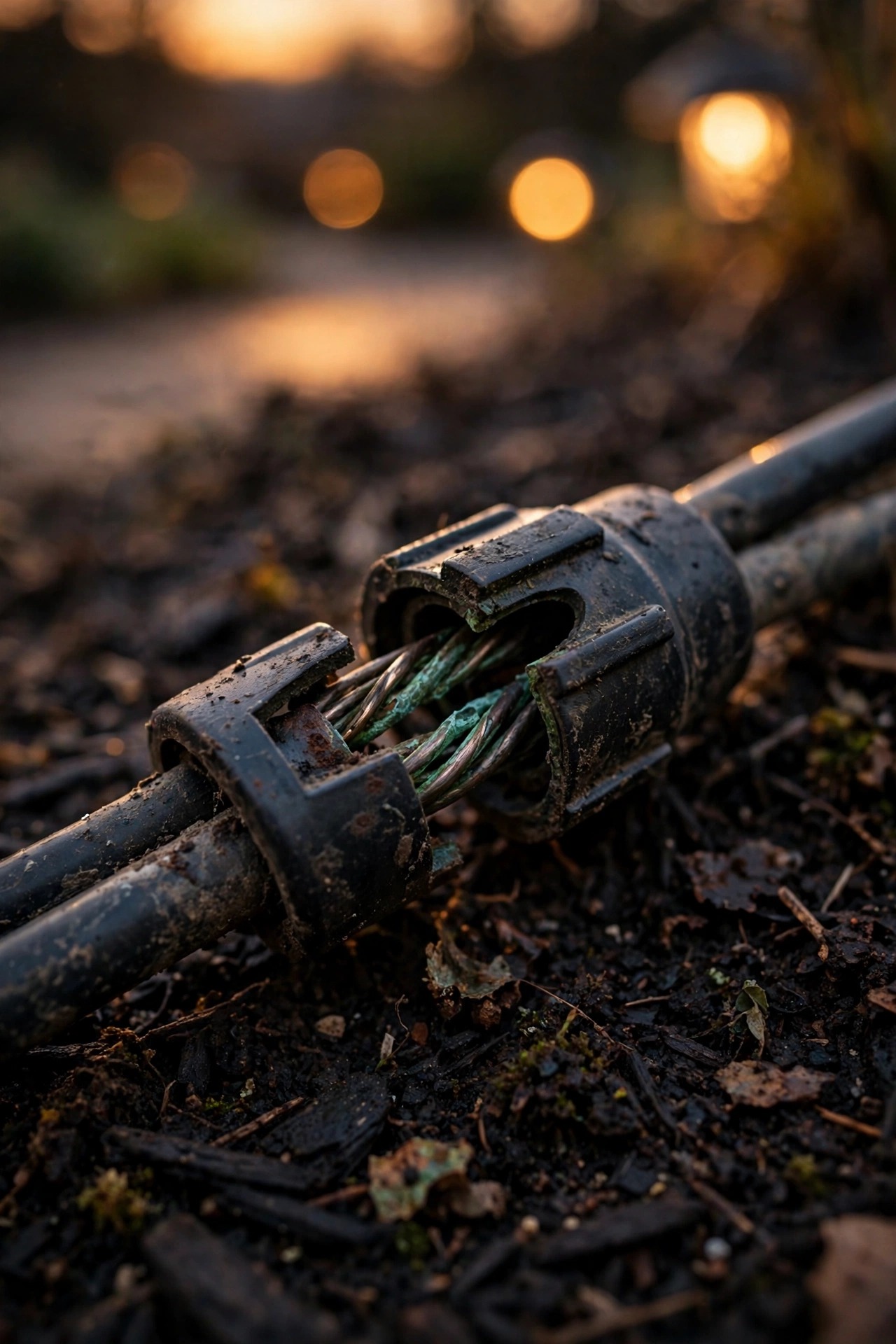 Close-up of a corroded landscape lighting pierce-point connector on a cable in dark mulch with green oxidation on the copper