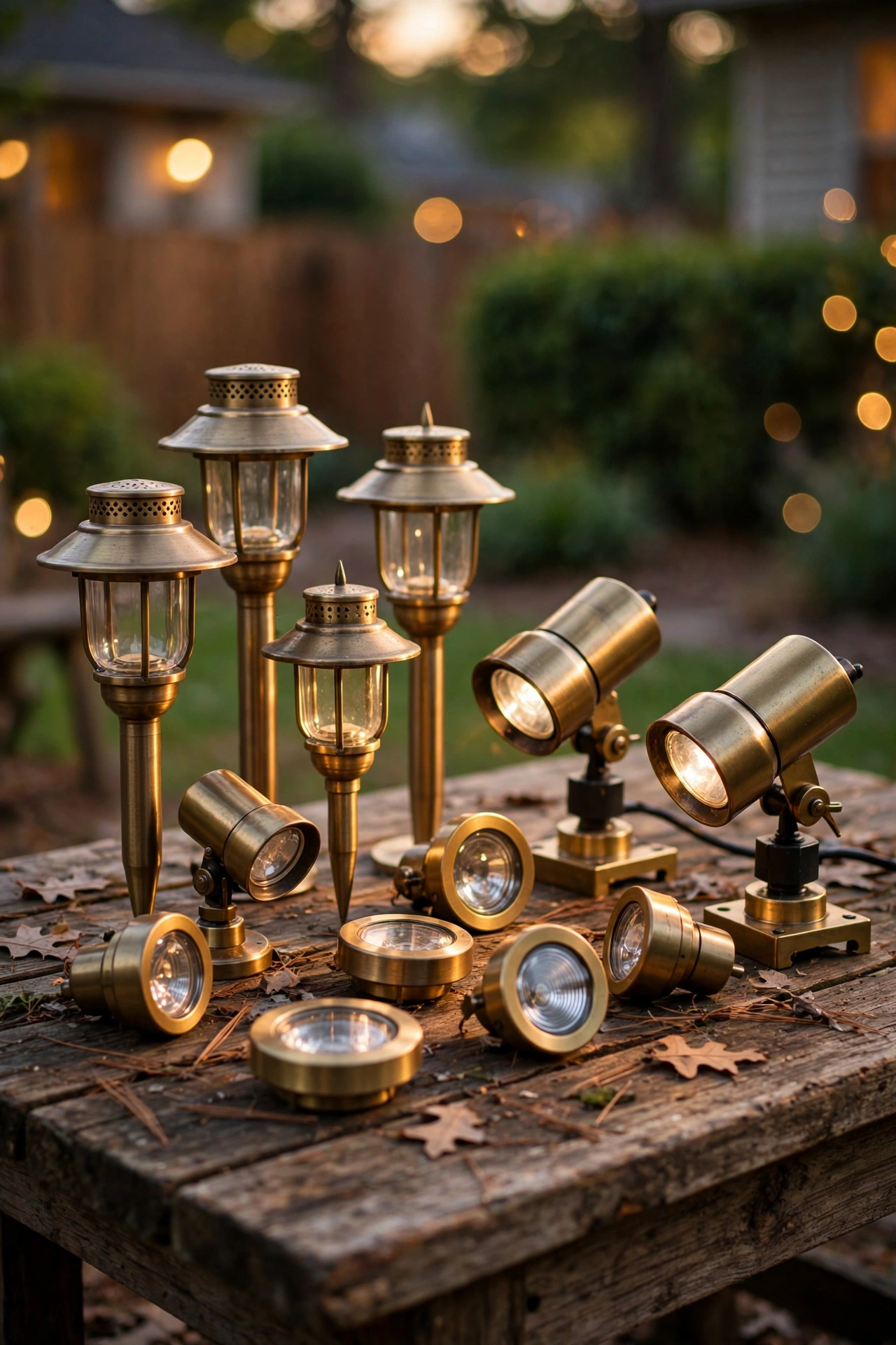 Assortment of landscape lighting fixtures including path lights, spotlights and well lights arranged on a wooden table