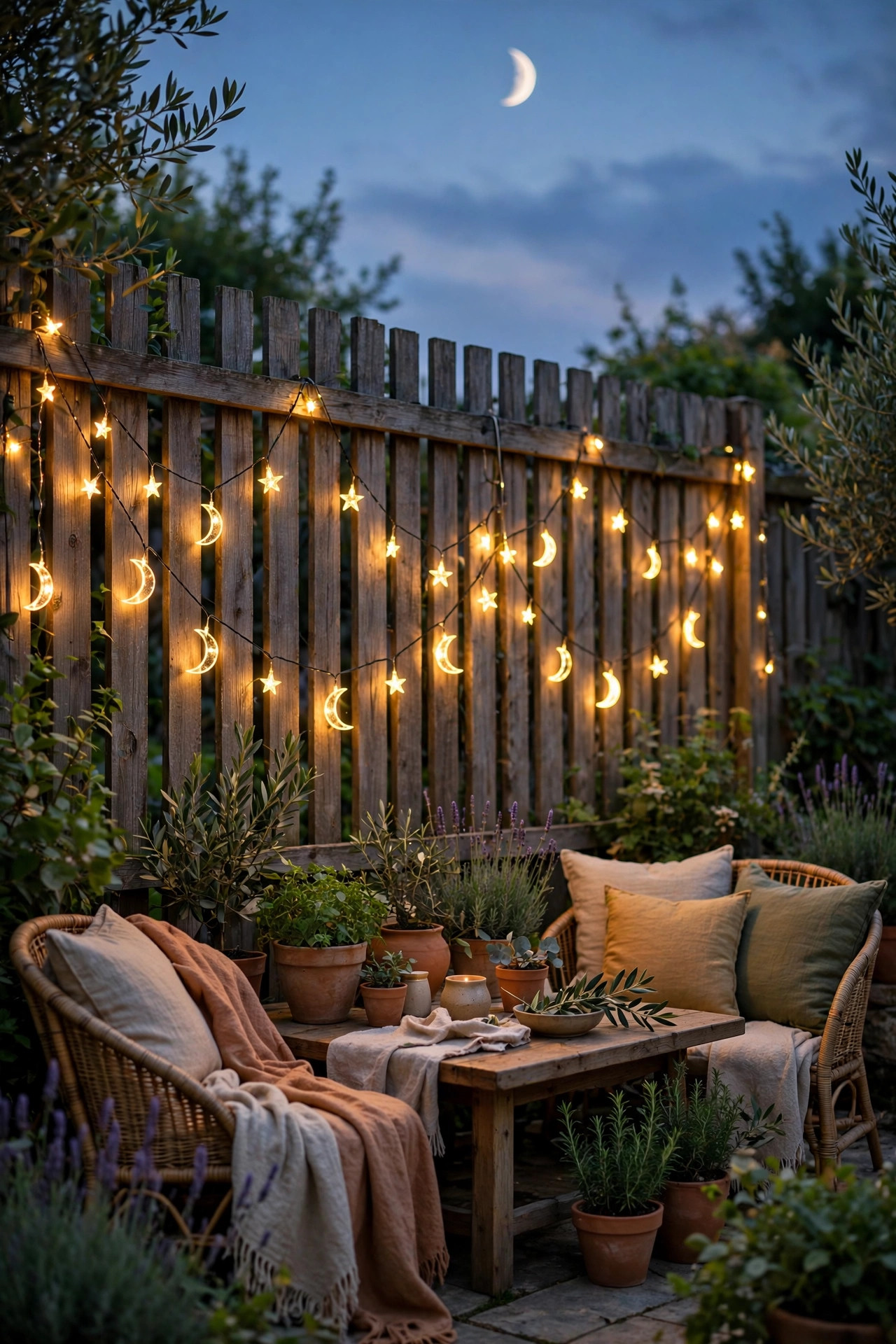 Crescent moon and star string lights in warm gold draped along a garden fence at dusk above a seating area