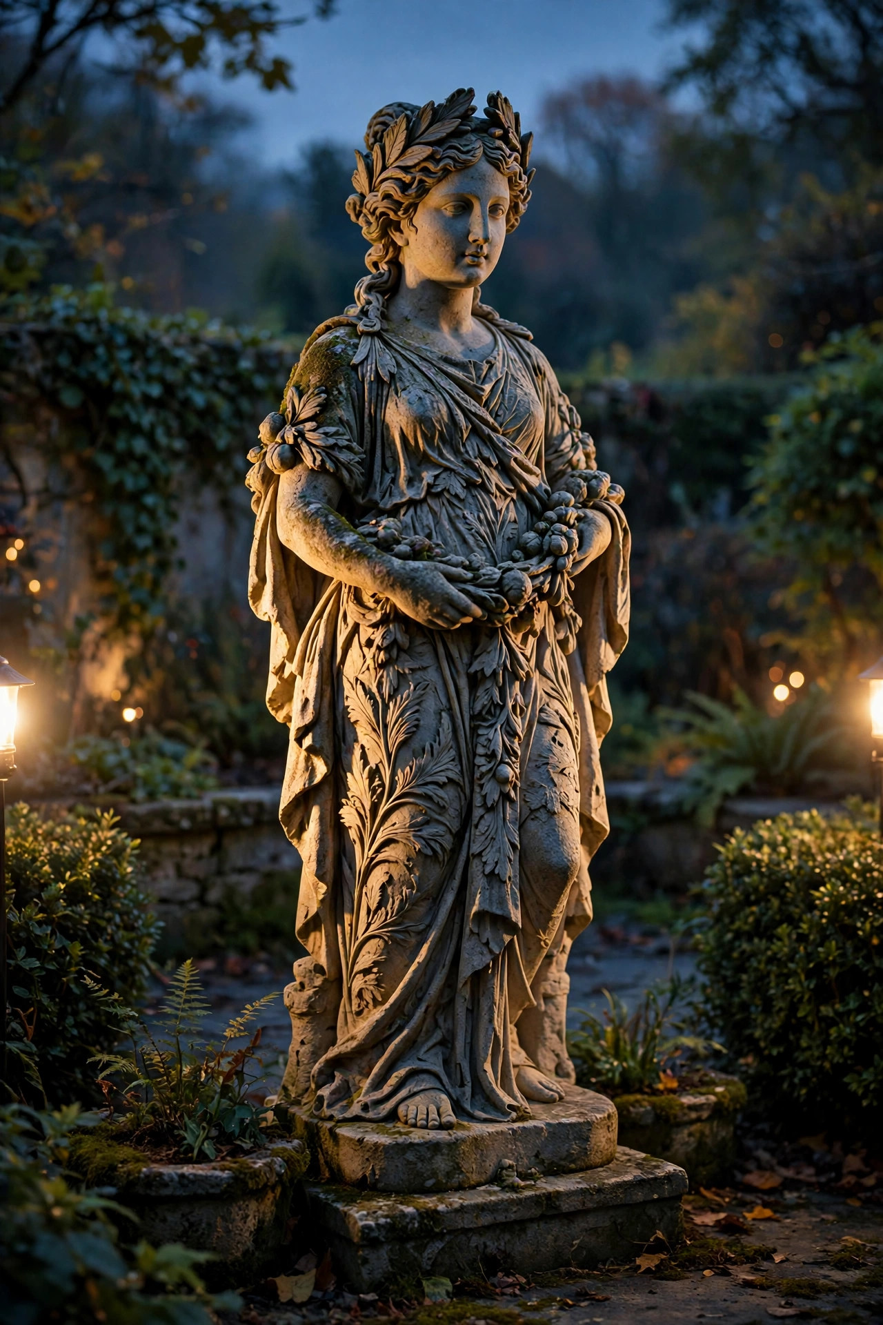 Garden statue lit from two sides at dusk showing carved detail with a bright main light and softer fill light