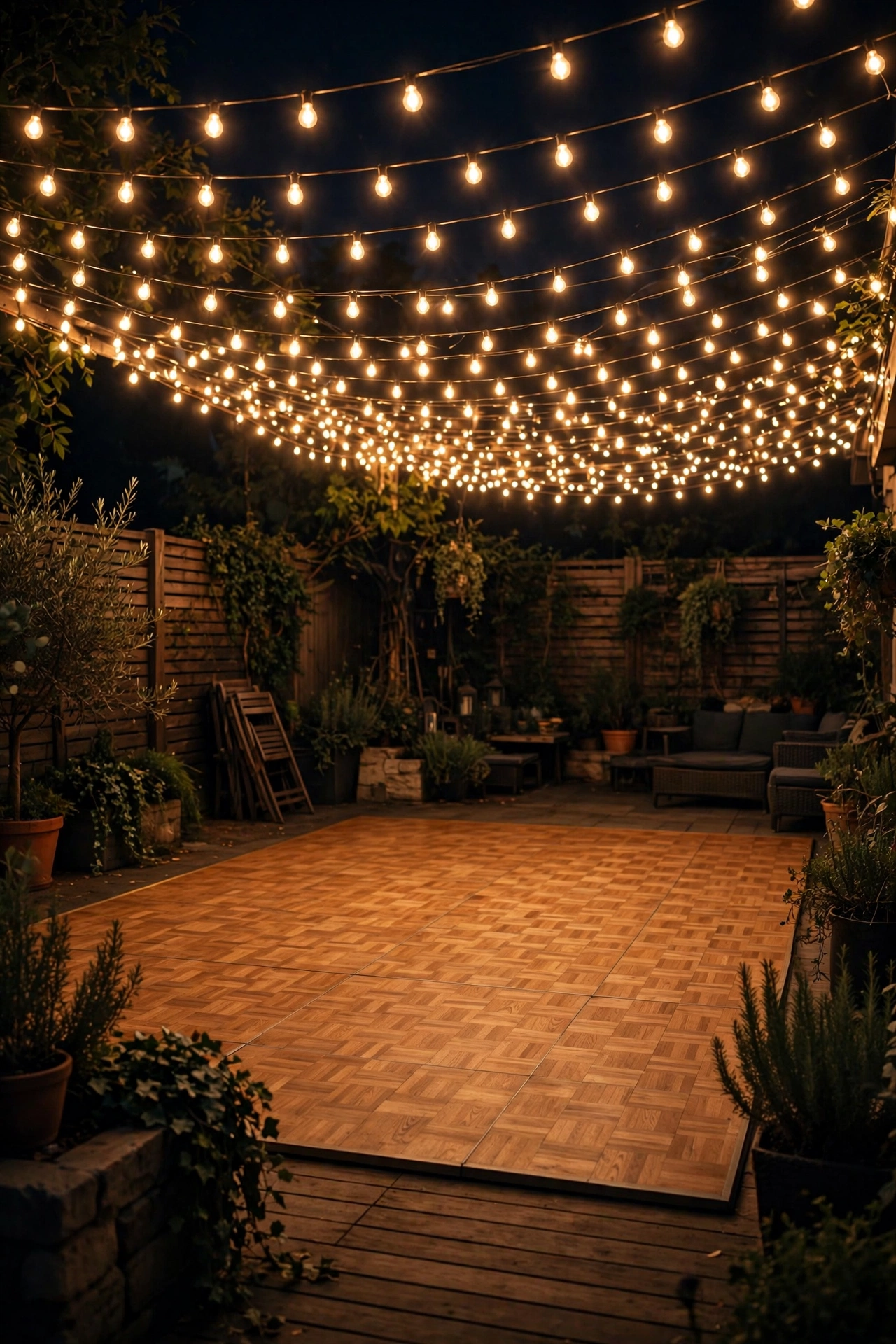Dance floor at an outdoor party glowing under string lights with guests dancing at night