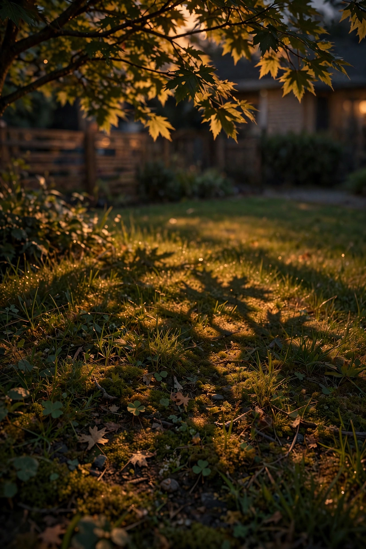 Close-up of dappled moonlighting patterns on grass with branch shadows created by leaves filtering the downlight