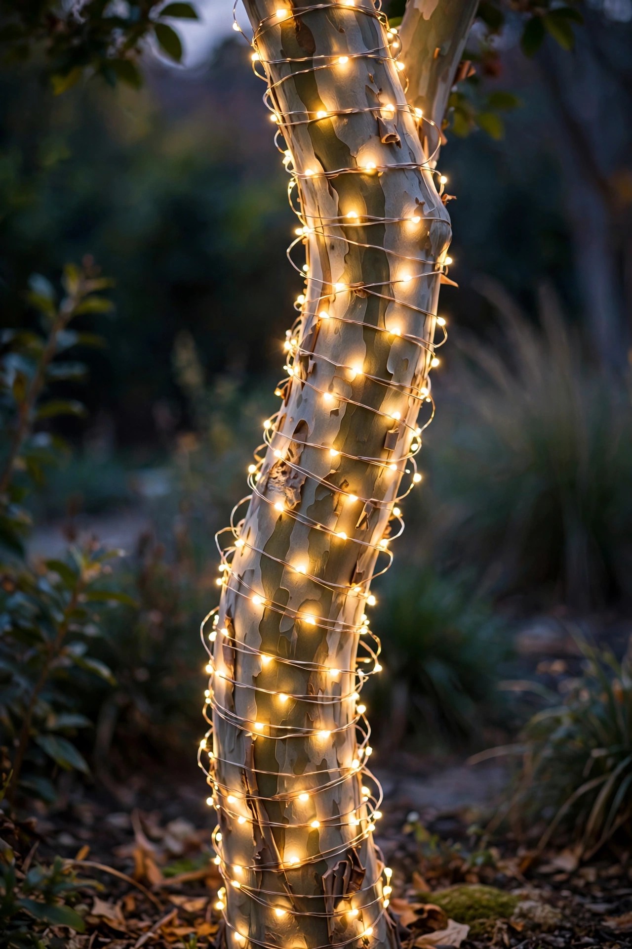 Smooth crepe myrtle trunk wrapped tightly with micro LED fairy lights glowing like a sculpture