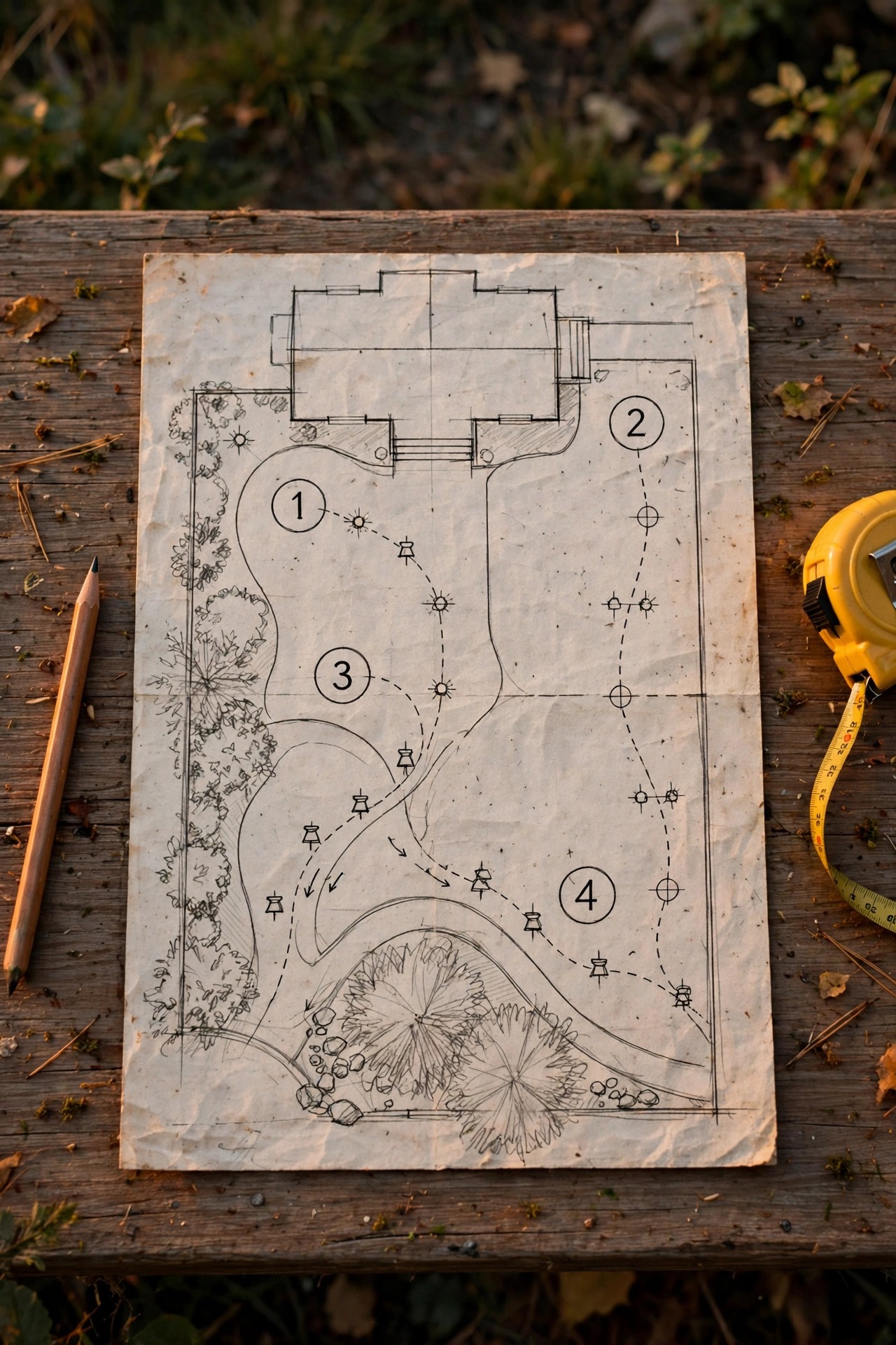 A detailed hand-drawn overhead yard map with numbered lighting zones, cable runs and fixture positions beside a pencil and tape measure