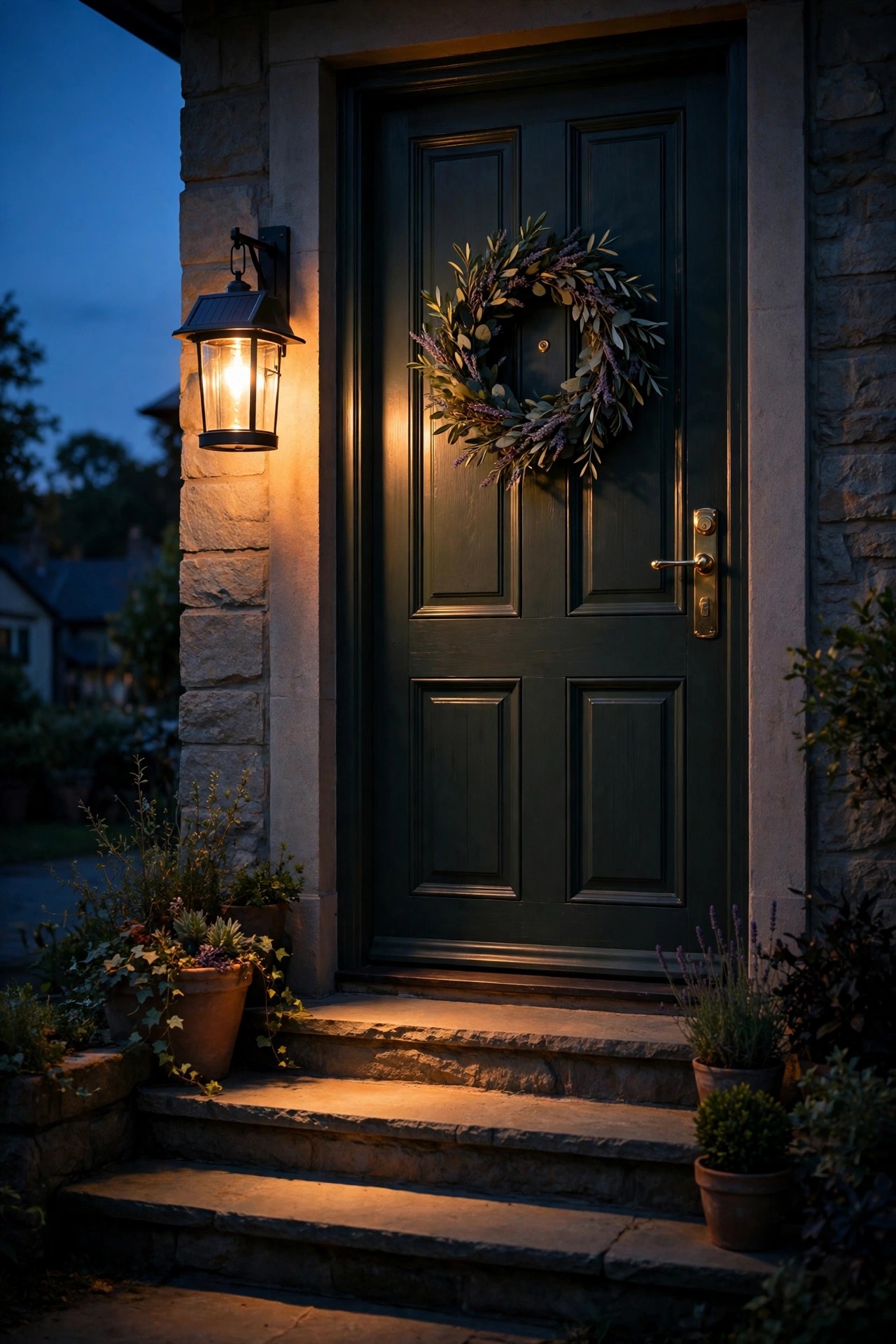 Solar lantern glowing softly beside a front door at dusk, brightening the entry steps and door handle