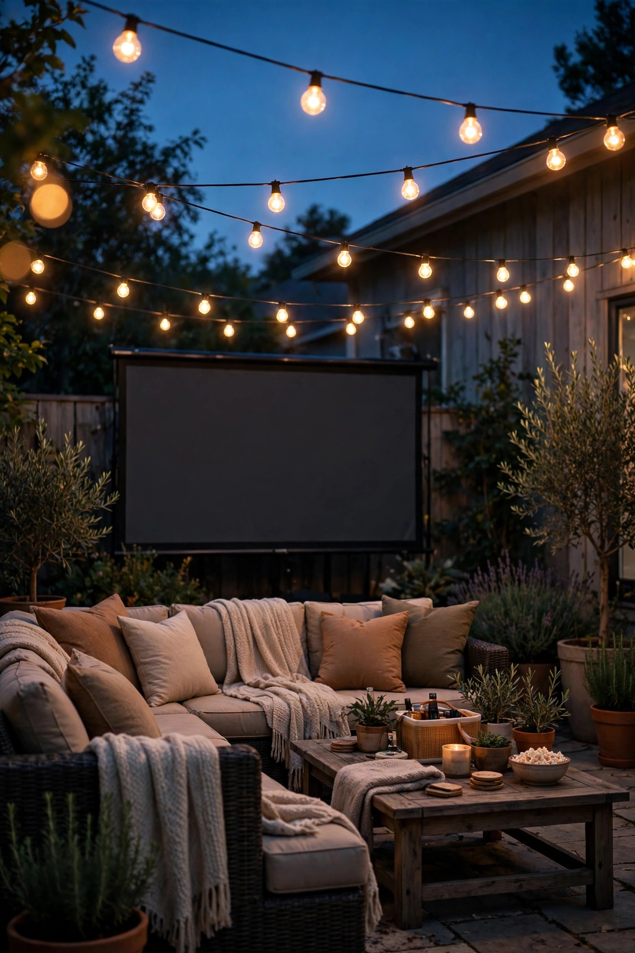 Dimmable warm string lights glowing softly over backyard seating at a watch party