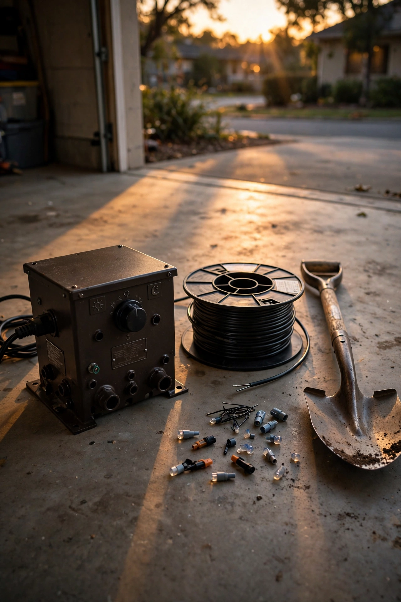 Homeowner tools for DIY landscape lighting install — low-voltage transformer, cable spool, wire connectors, and shovel on a garage floor
