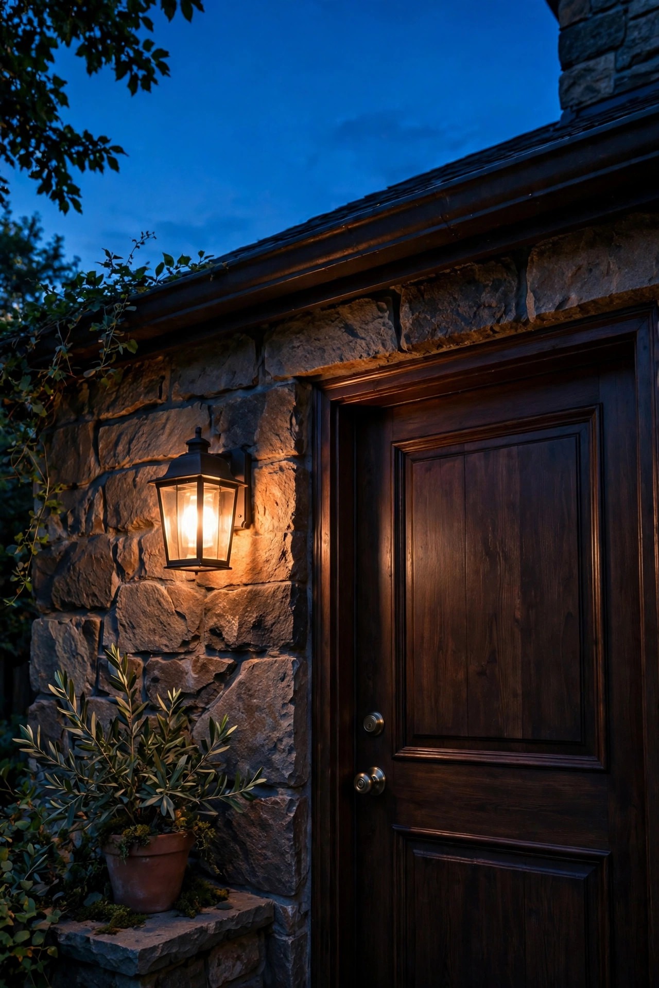 Battery powered lantern style wall sconce glowing warmly beside a front door with no visible wiring at dusk
