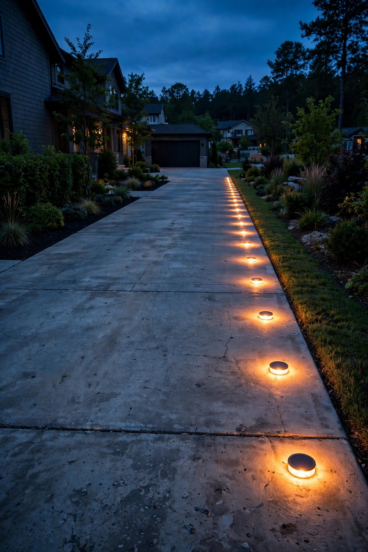 Flush solar disk lights glowing in a neat line along the edge of a concrete driveway at dusk