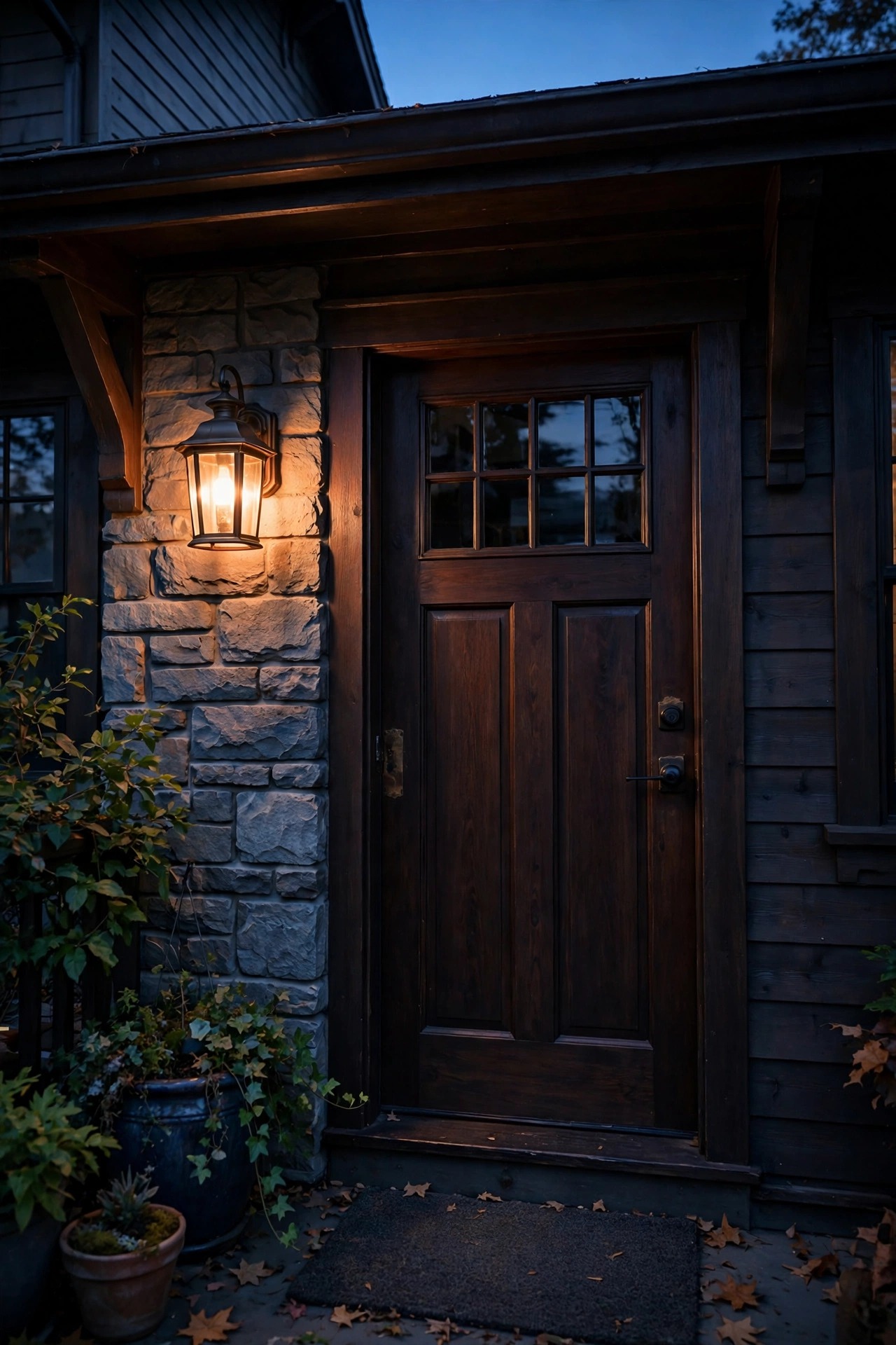 Warm dual-brightness porch lantern beside a front door glowing at low idle level in the early evening