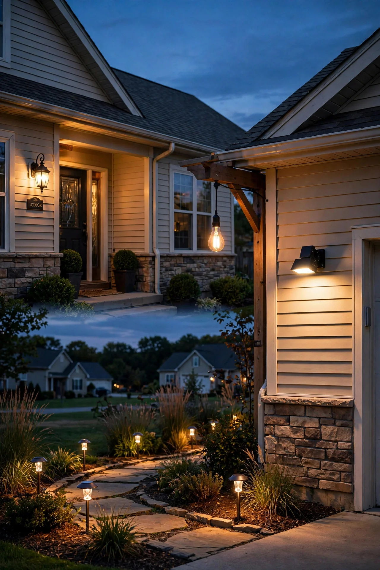 Comparison of dusk-to-dawn outdoor light types — porch fixture, screw-in bulb, flood light, and solar path light