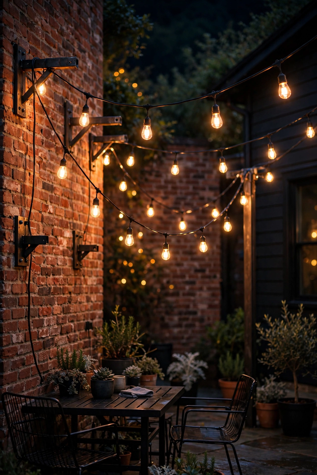 Warm Edison bulb string lights strung in swags across a brick patio at night