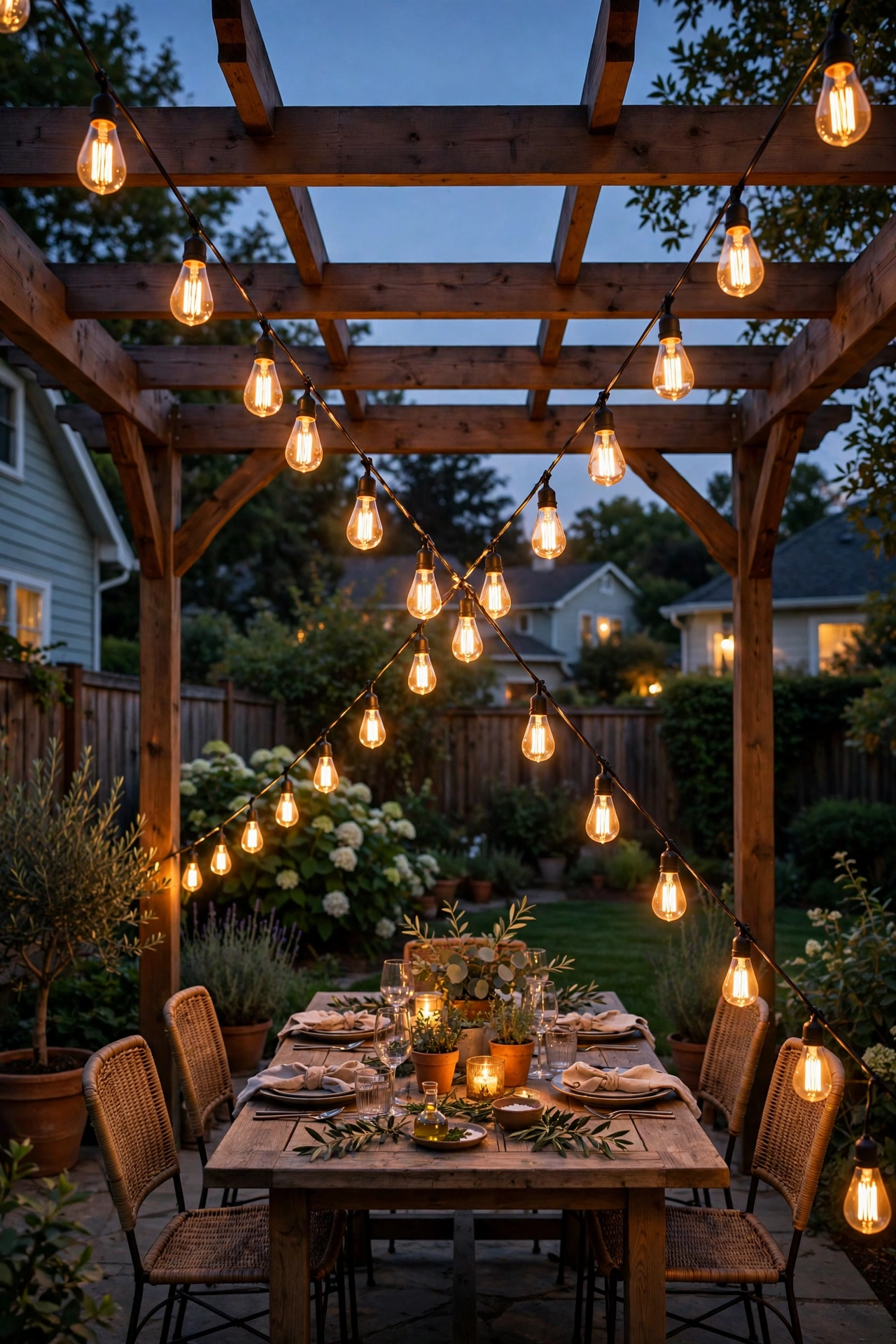Amber Edison filament bulbs zigzagged in X pattern over a pergola dining area