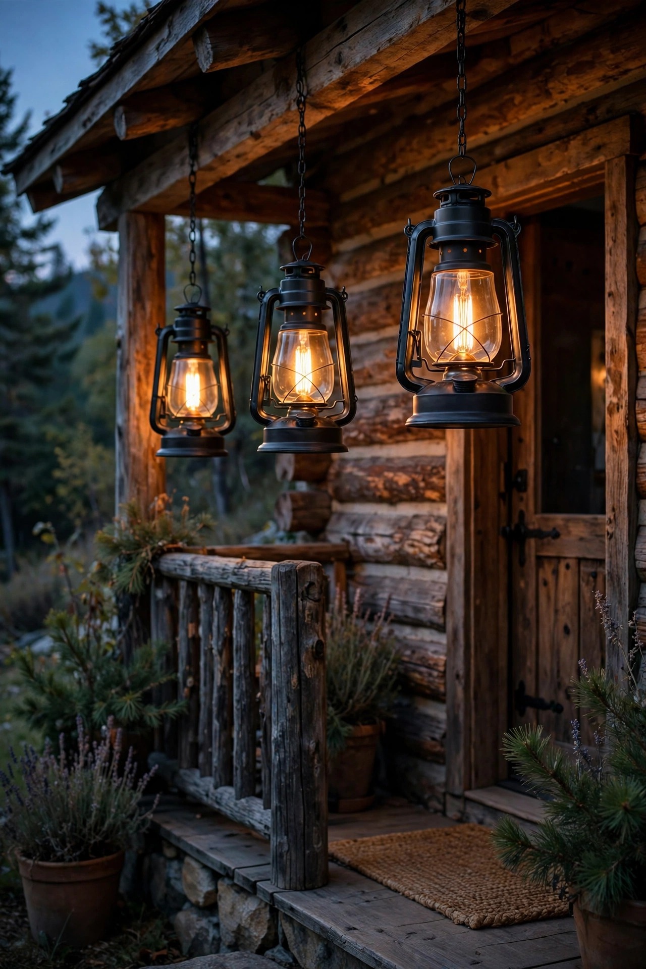 Matte black lanterns with warm Edison-style filament bulbs glowing on a rustic cabin porch at dusk