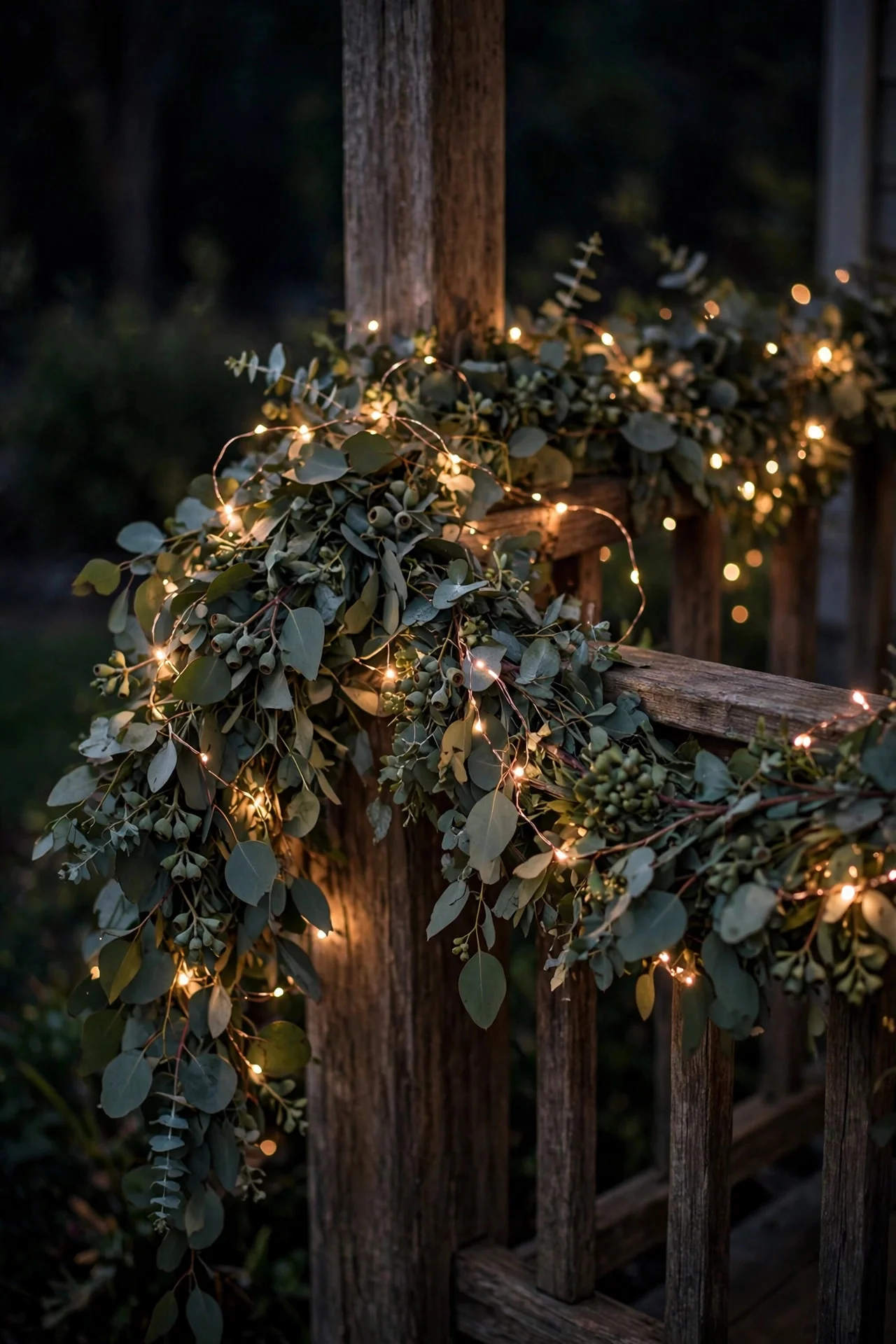 Eucalyptus garland woven with copper-wire fairy lights draped along a porch railing glowing warm white at night