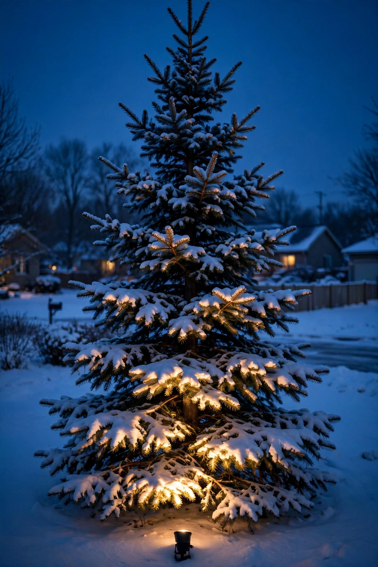 Snow-dusted evergreen tree glowing with warm accent light from a small spotlight at its base