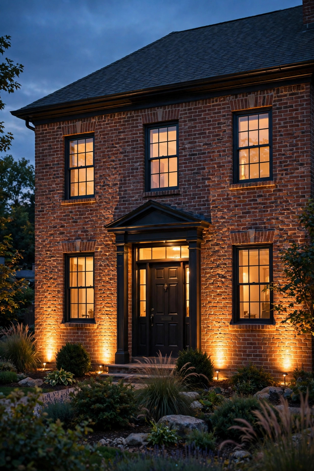 Warm uplights washing the front facade of a home at twilight, highlighting brick texture and architecture