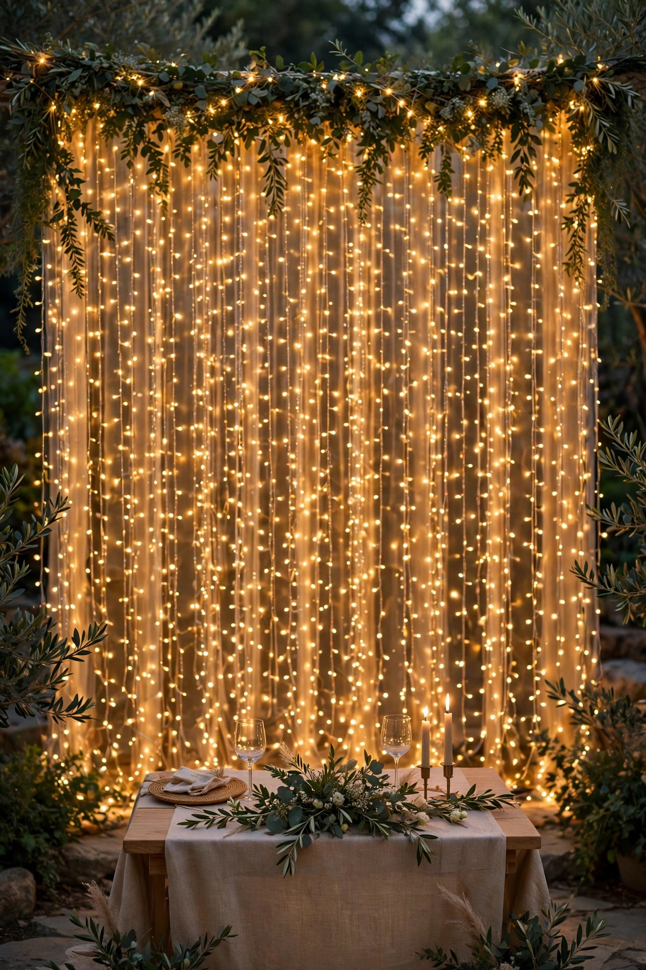 Wall of warm fairy light curtain glowing behind a sweetheart table with greenery woven along the top