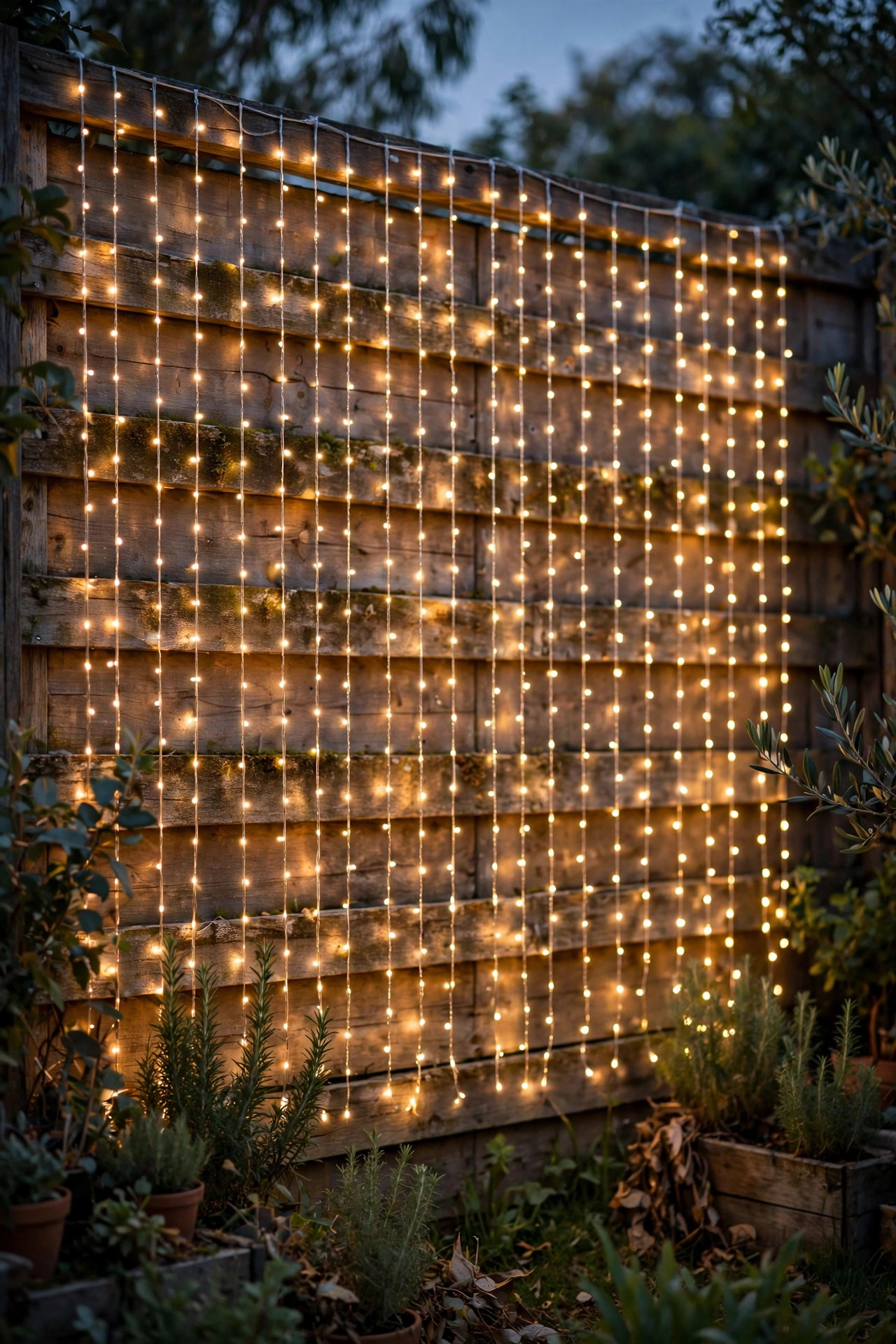 Warm white fairy light curtain wall hanging on a backyard fence at dusk with soft glowing strands