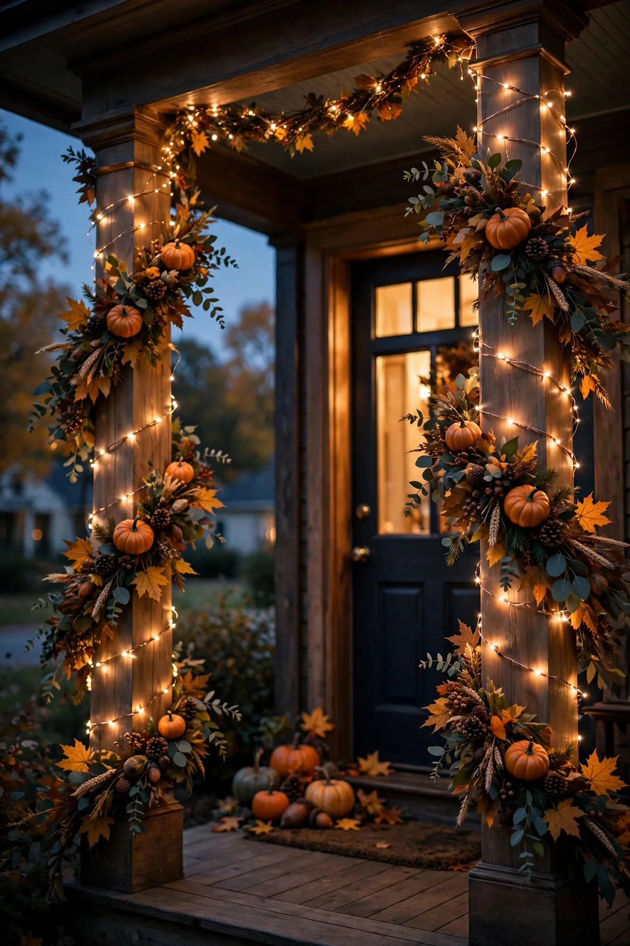 Front porch posts wrapped in warm fairy lights with fall garland for thanksgiving outdoor lighting