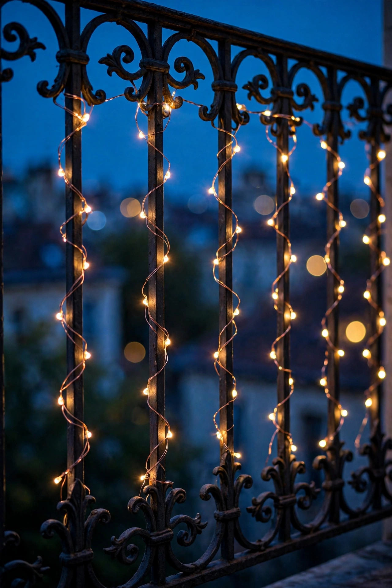 Copper-wire fairy lights woven through the vertical bars of a wrought iron Juliet balcony railing, glowing warm at dusk