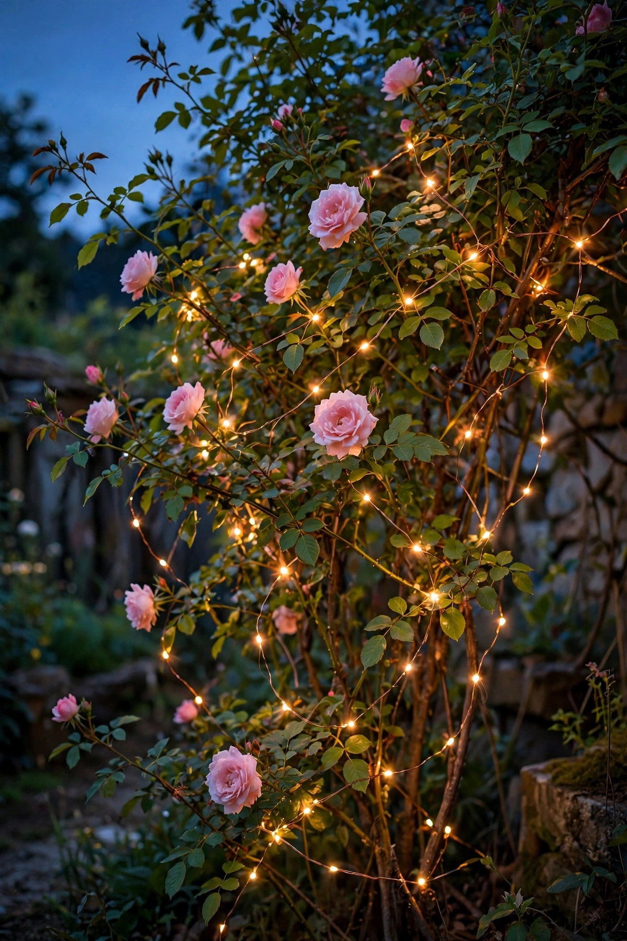 Copper-wire fairy lights woven through a climbing rose bush glowing warm at dusk in a cottage garden
