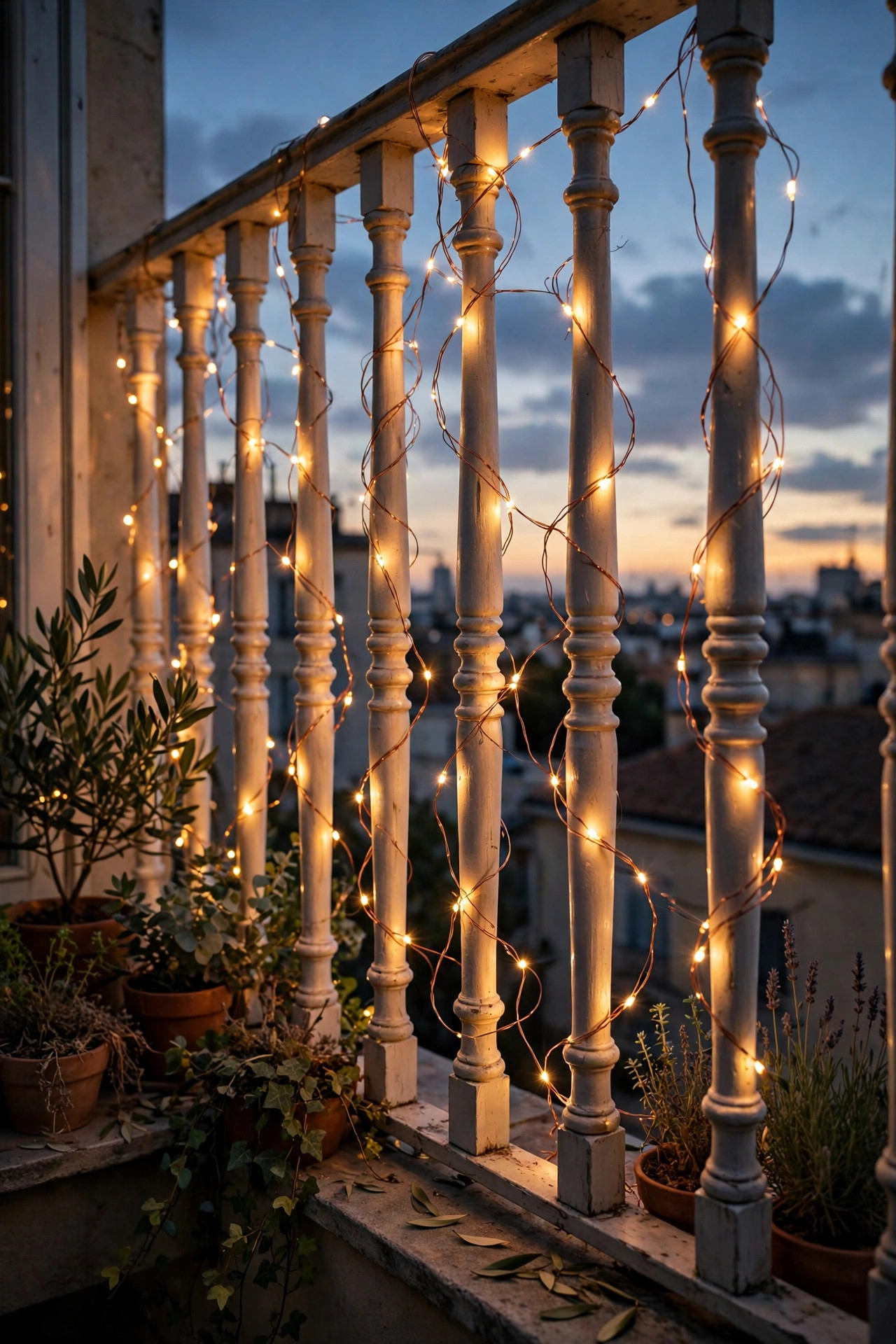 Copper-wire fairy lights woven through balcony balusters glowing warm gold against the evening sky